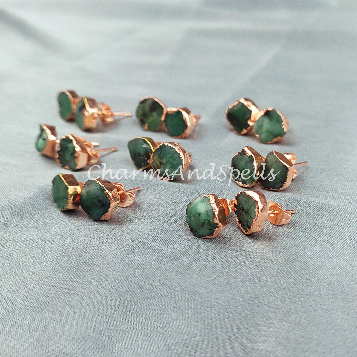 Raw Emerald Electroplated Stud Earrings, Copper Jewelry, Emerald Jewelry, Gemstone Earrings, Stud Earrings - Charms And Spells