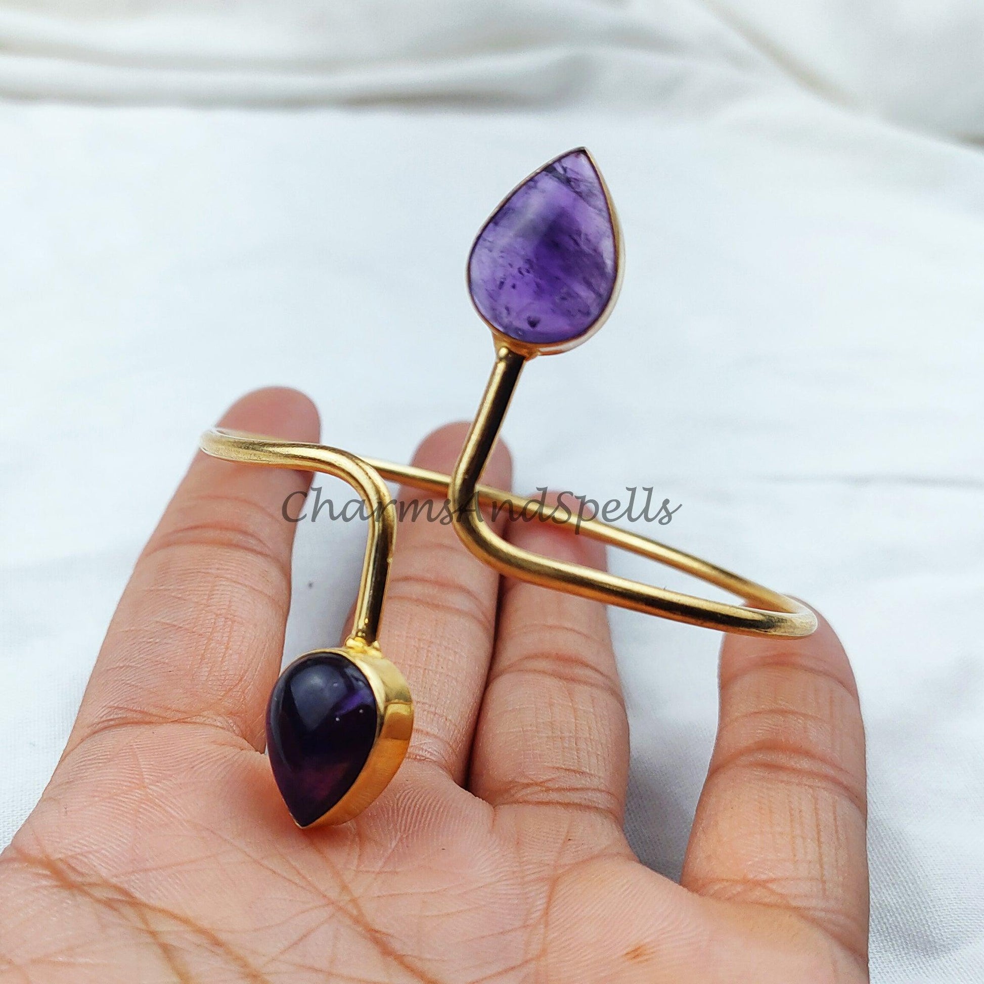 Amethyst gemstone bangle, Gold plated handmade bangle, ethnic Bangle, adjustable bangle, february birthstone bangle - Charms And Spells