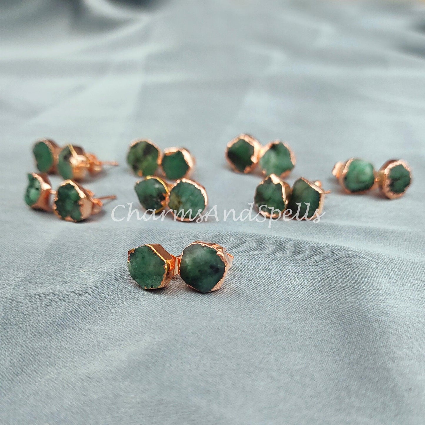 Raw Emerald Electroplated Stud Earrings, Copper Jewelry, Emerald Jewelry, Gemstone Earrings, Stud Earrings - Charms And Spells