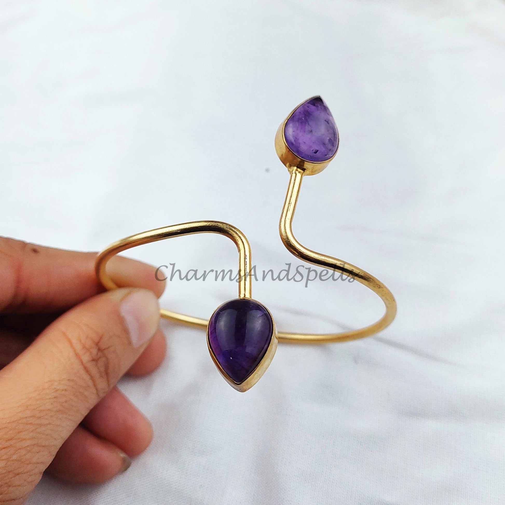 Amethyst gemstone bangle, Gold plated handmade bangle, ethnic Bangle, adjustable bangle, february birthstone bangle - Charms And Spells