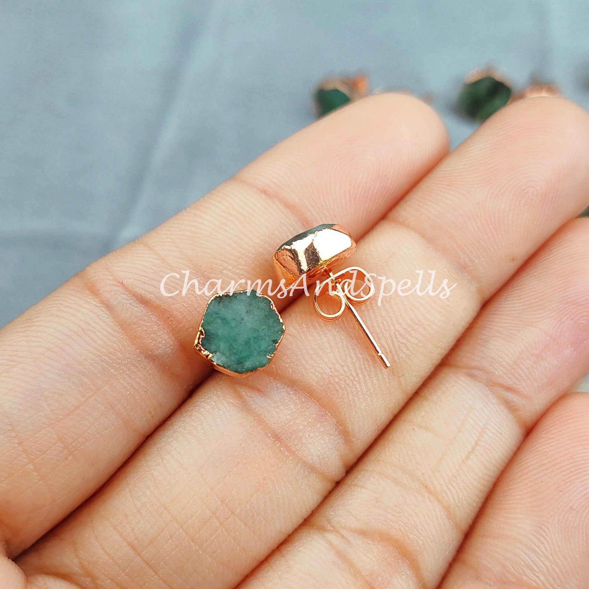 Raw Emerald Electroplated Stud Earrings, Copper Jewelry, Emerald Jewelry, Gemstone Earrings, Stud Earrings - Charms And Spells