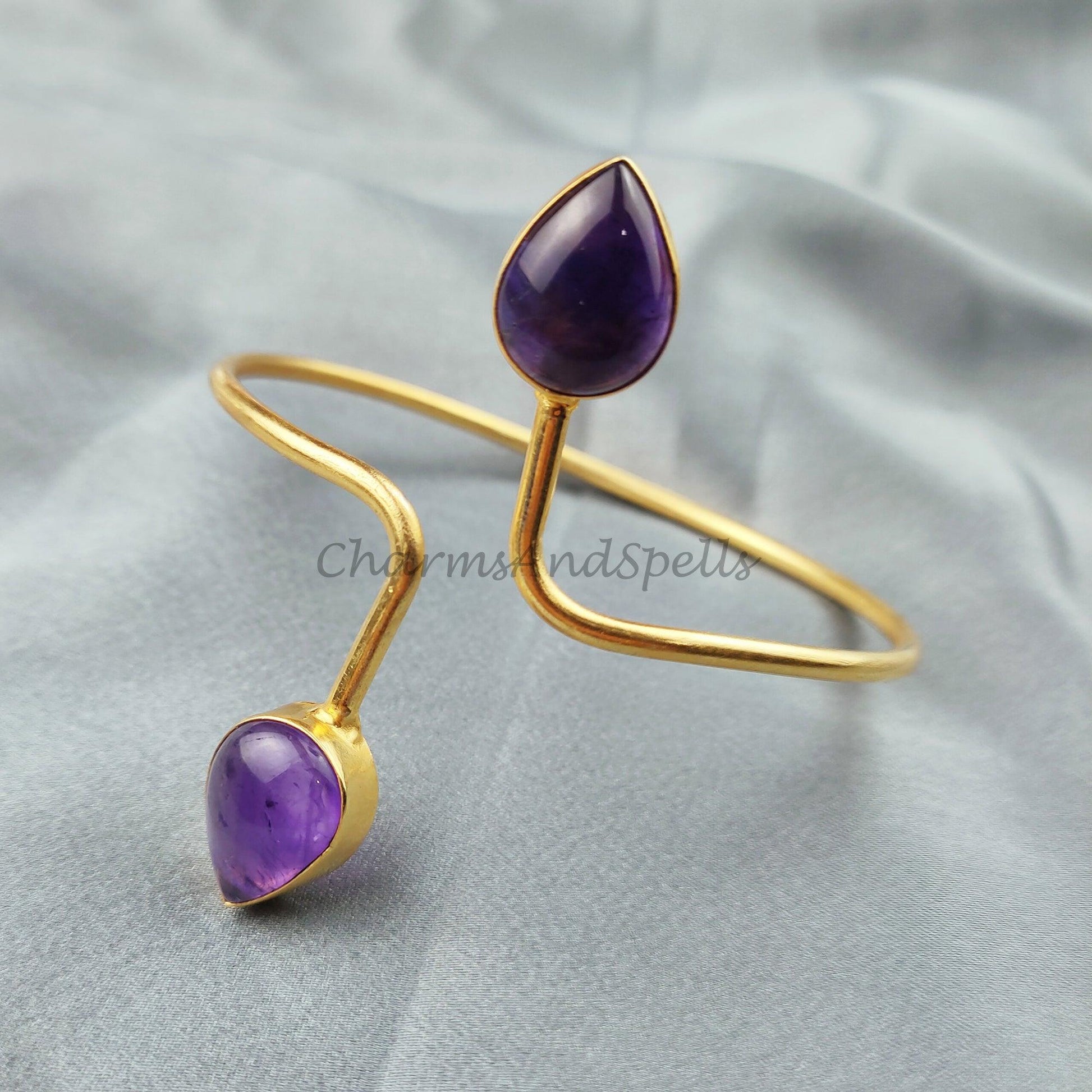 Amethyst gemstone bangle, Gold plated handmade bangle, ethnic Bangle, adjustable bangle, february birthstone bangle - Charms And Spells