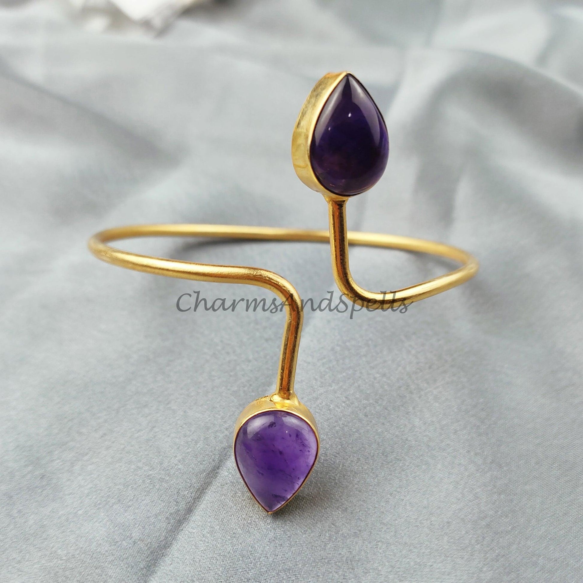 Amethyst gemstone bangle, Gold plated handmade bangle, ethnic Bangle, adjustable bangle, february birthstone bangle - Charms And Spells