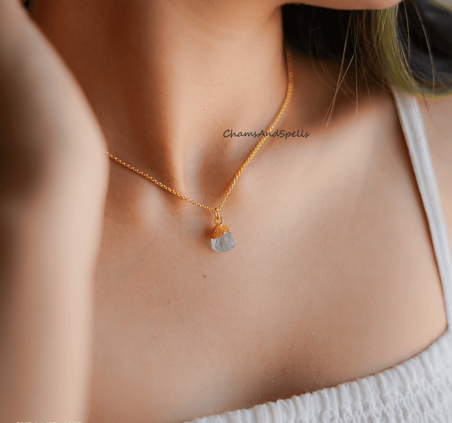 Raw Aquamarine Necklace, Electroplated Gemstone Jewelry, 14k Gold Plated Necklace, Dainty Necklace, Raw Birthstone Necklace - Charms And Spells