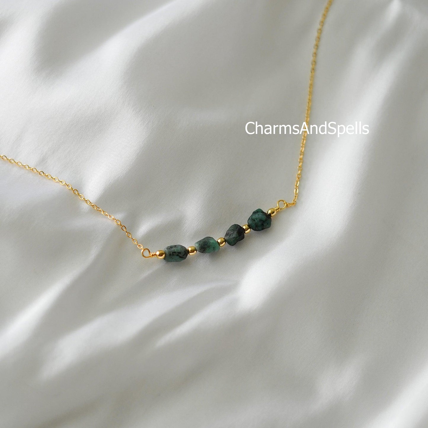 Raw Emerald Necklace, Rough Gemstone Crystal, Healing Stone, May Birthstone, Layering, Girlfriend, Gift for Her - Charms And Spells