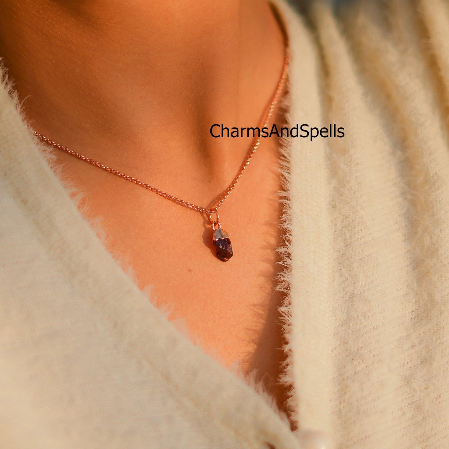 Garnet Necklace, Red Garnet Gemstone, Boho Copper Jewelry, Raw Garnet, January Birthstone, Gift Ideas, Gifts for her - Charms And Spells