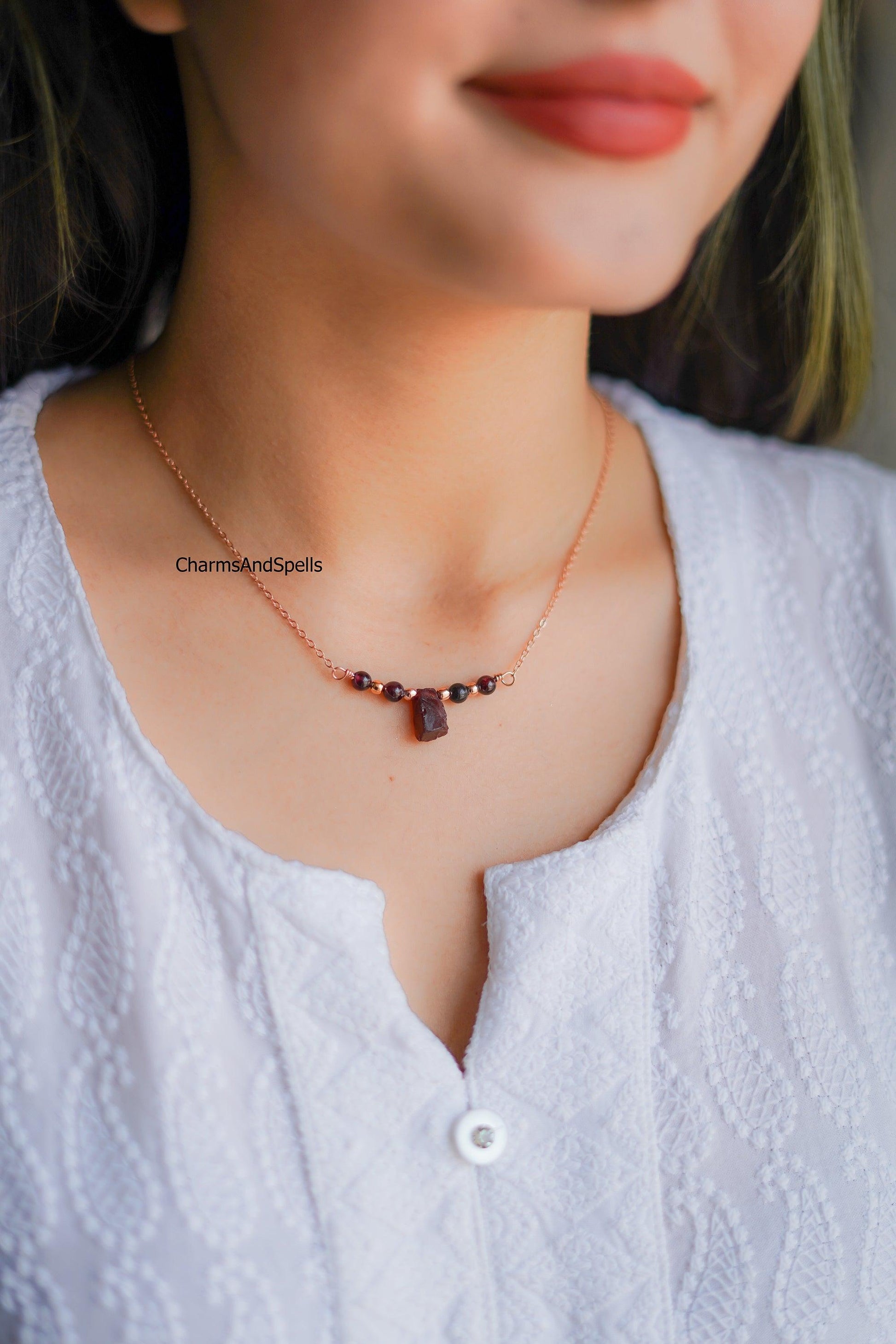 Raw Red Garnet Necklace, Healing Necklace, Birthstone Jewelry, Garnet Jewelry, Gift For Women, Ethnic Necklace, Beaded Necklace - Charms And Spells