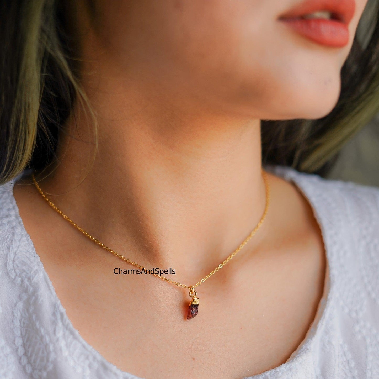 Rough Garnet Necklace, Garnet Jewelry, 14k Gold Plated Necklace, Raw Garnet, January Birthstone, Gift Ideas, Gifts for her - Charms And Spells