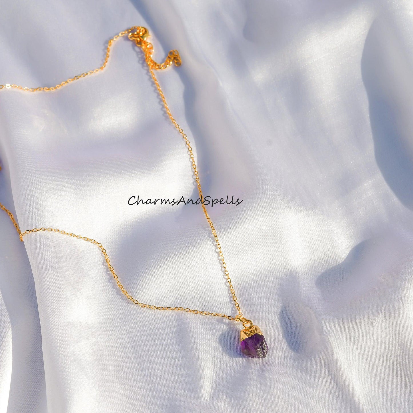 Raw Amethyst necklace, Gold Plated Necklace, Amethyst crystal necklace, rough Amethyst necklace - Charms And Spells