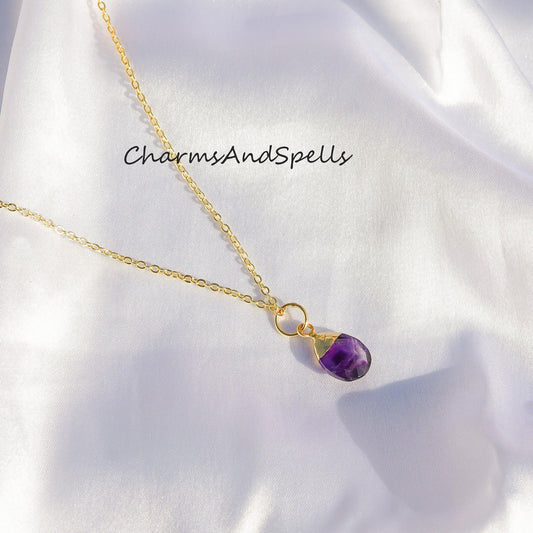 Purple Amethyst Necklace, Amethyst Teardrop Necklace, Chain Necklace, Pendant Necklace, Birthstone Necklace - Charms And Spells