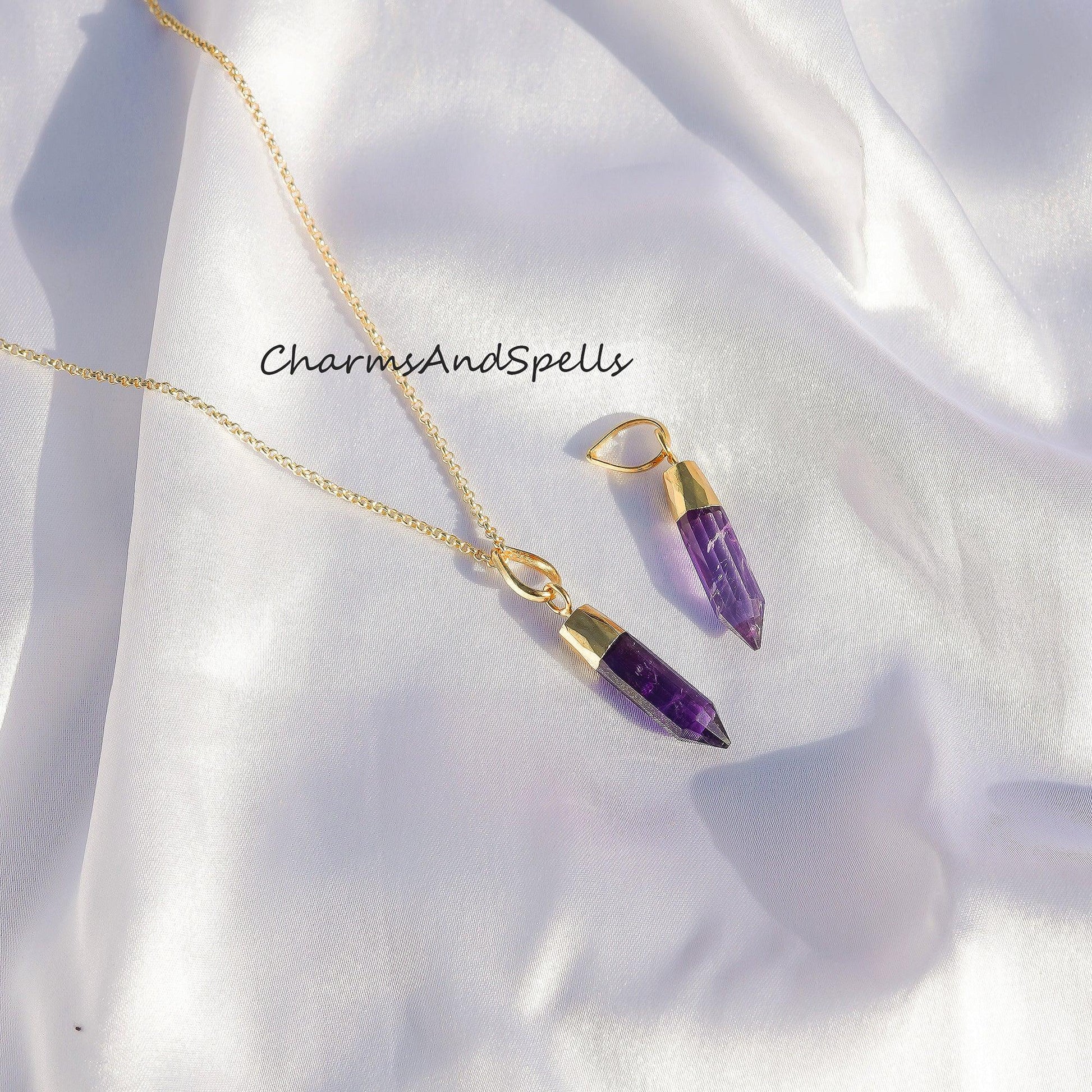 Natural Amethyst Gemstone Necklace, Amethyst Crystal Pencil Point Pendant, Emotional Balance, Calming - Charms And Spells