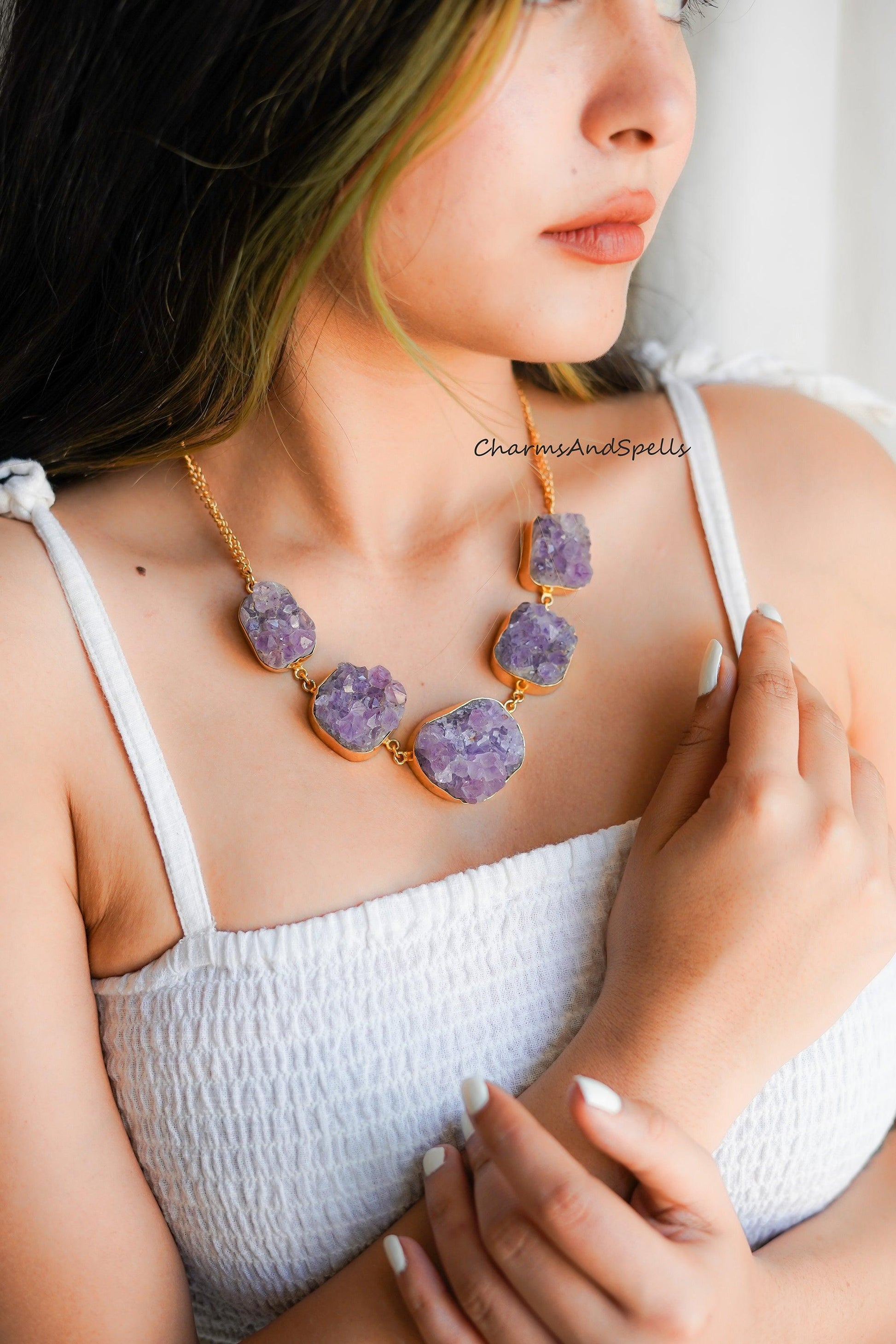 Raw Amethyst Necklace, Crystal Amethyst Druzy Necklace, Witchy Necklace for Women, Crystal Amethyst - Charms And Spells