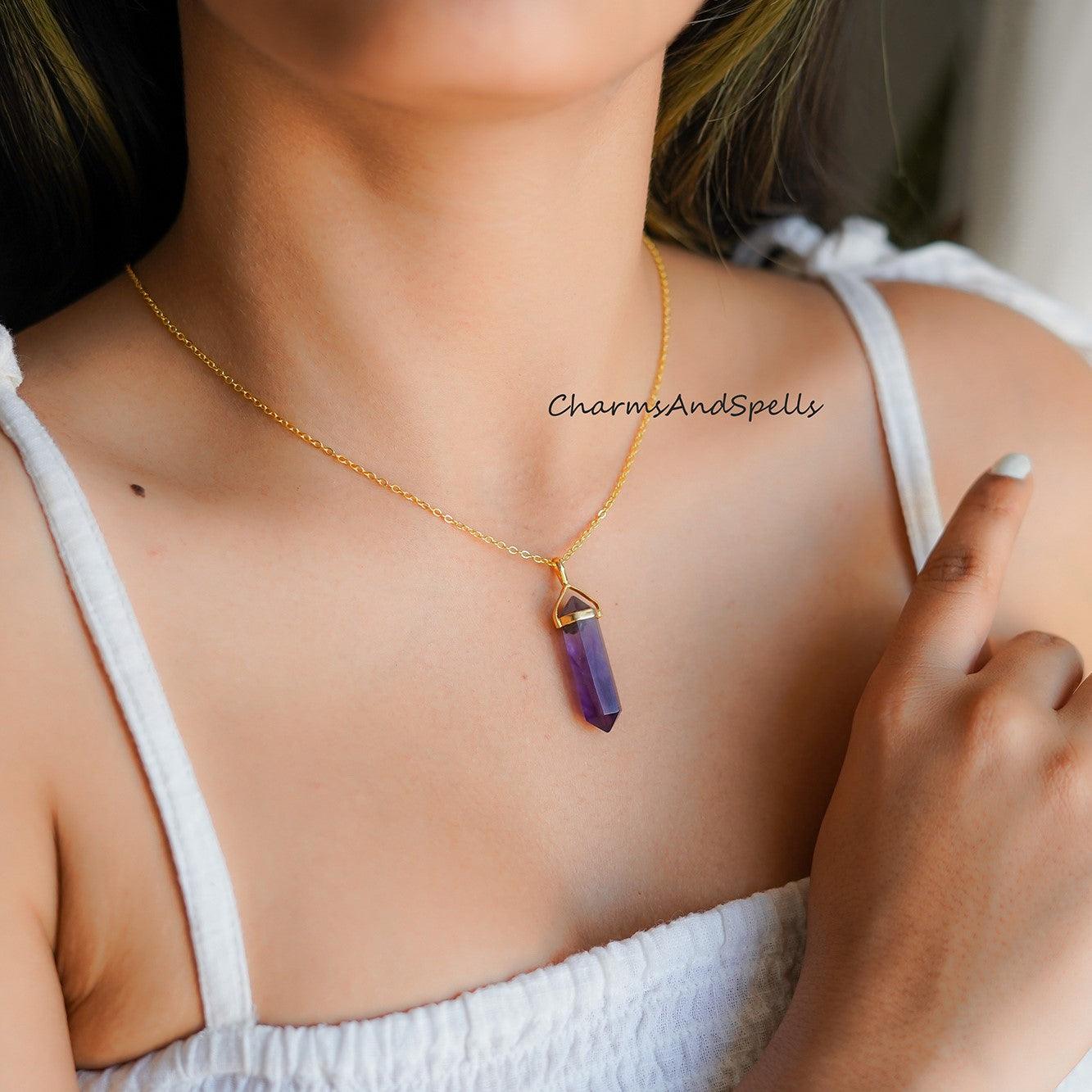 Natural Amethyst Necklace, Pencil Pendant, Gold Plated Necklace, February Birthstone Necklace, Healing Stone Necklace - Charms And Spells