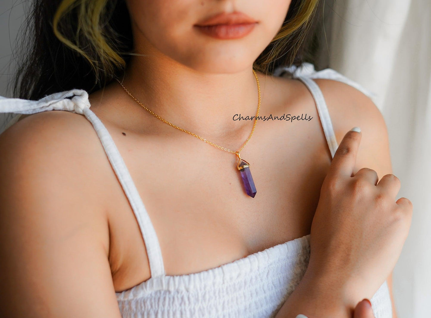 Natural Amethyst Necklace, Pencil Pendant, Gold Plated Necklace, February Birthstone Necklace, Healing Stone Necklace - Charms And Spells