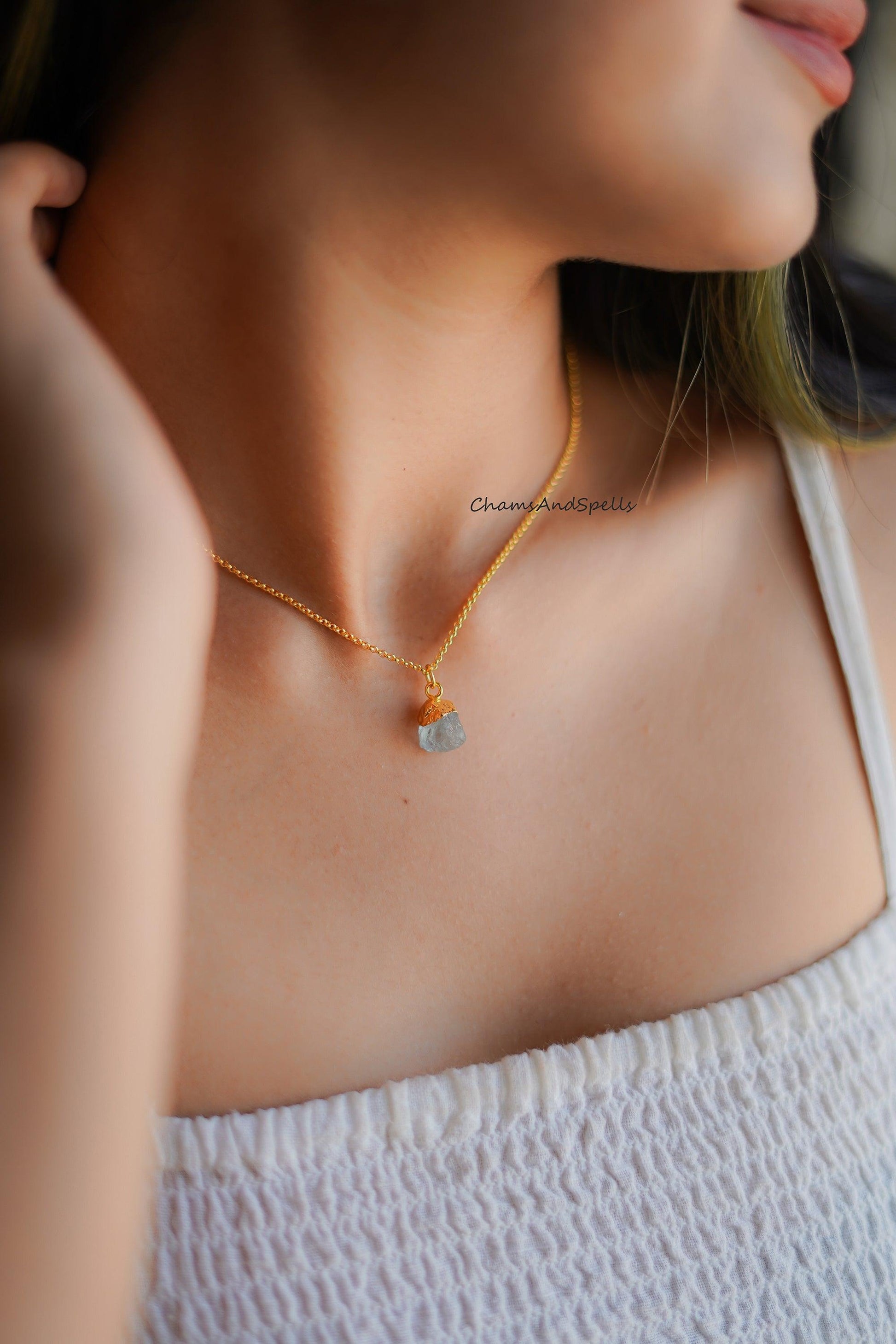 Raw Aquamarine Necklace, Electroplated Gemstone Jewelry, 14k Gold Plated Necklace, Dainty Necklace, Raw Birthstone Necklace - Charms And Spells