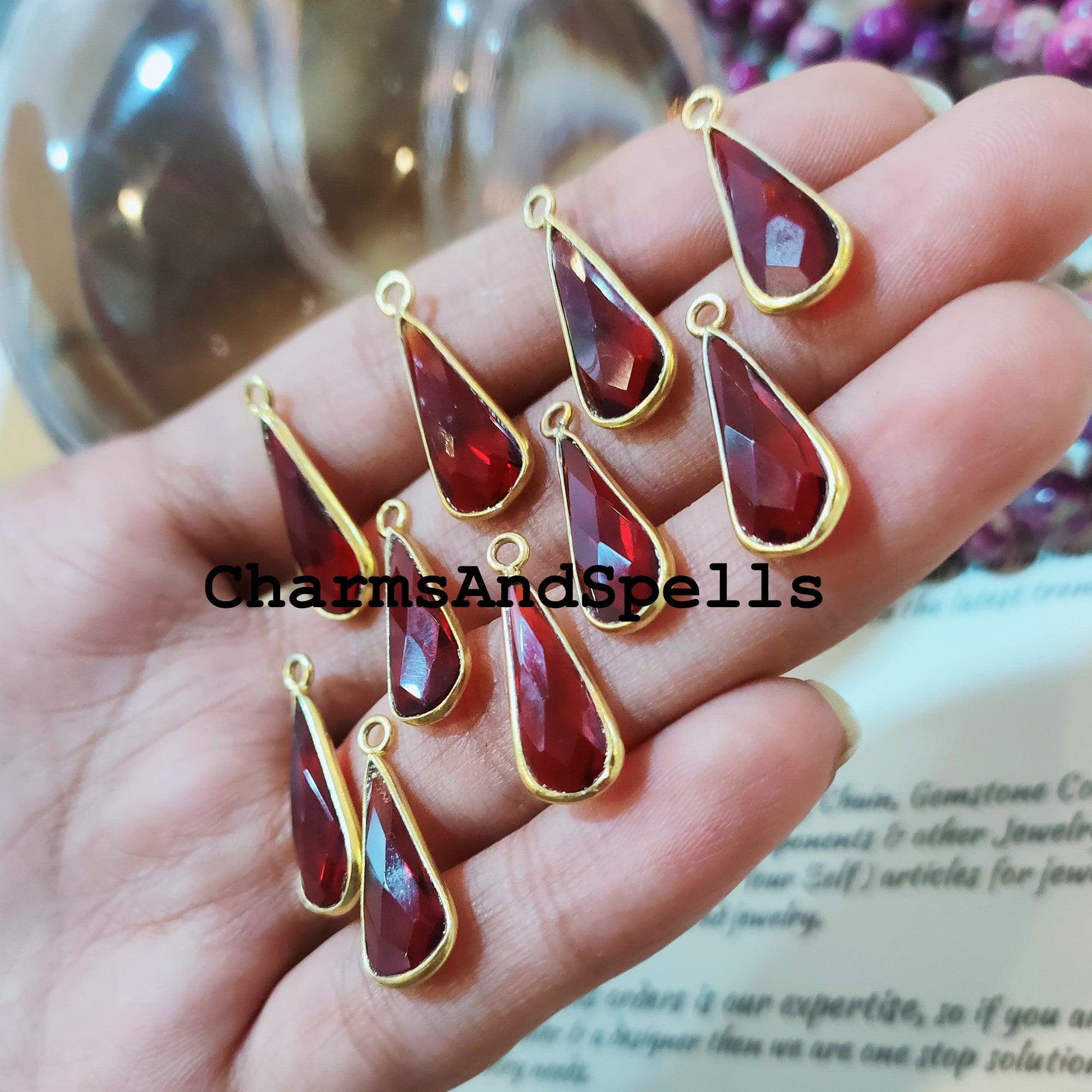 Garnet Pendant Connector, 8x21mm Gold Plated Pendant, Single Bail Charms, Garnet Gemstone Pendent, DIY Connector - Charms And Spells