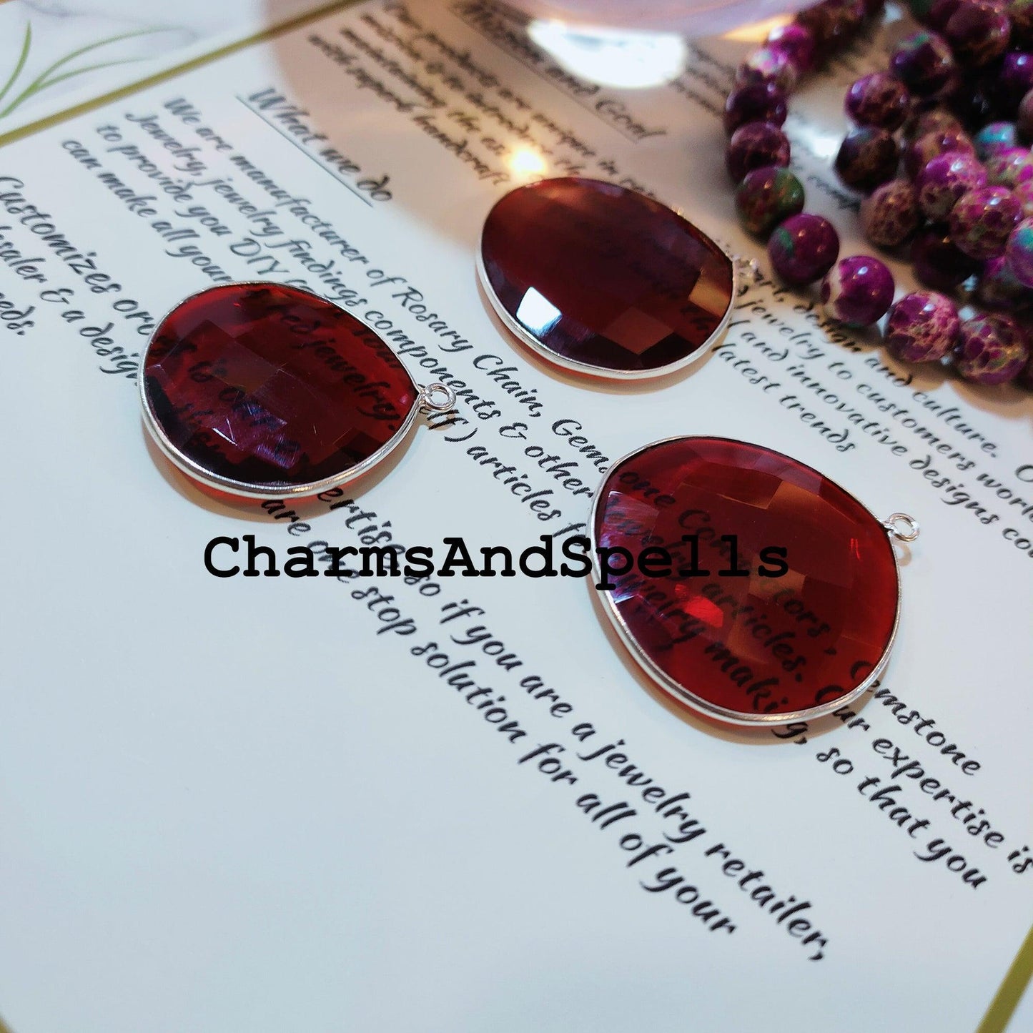 Garnet Bezel Pendant Connector, 27x31-32x36mm Silver Plated Charms Connector, Single Loop Findings, Garnet DIY Pendant/Earrings - Charms And Spells