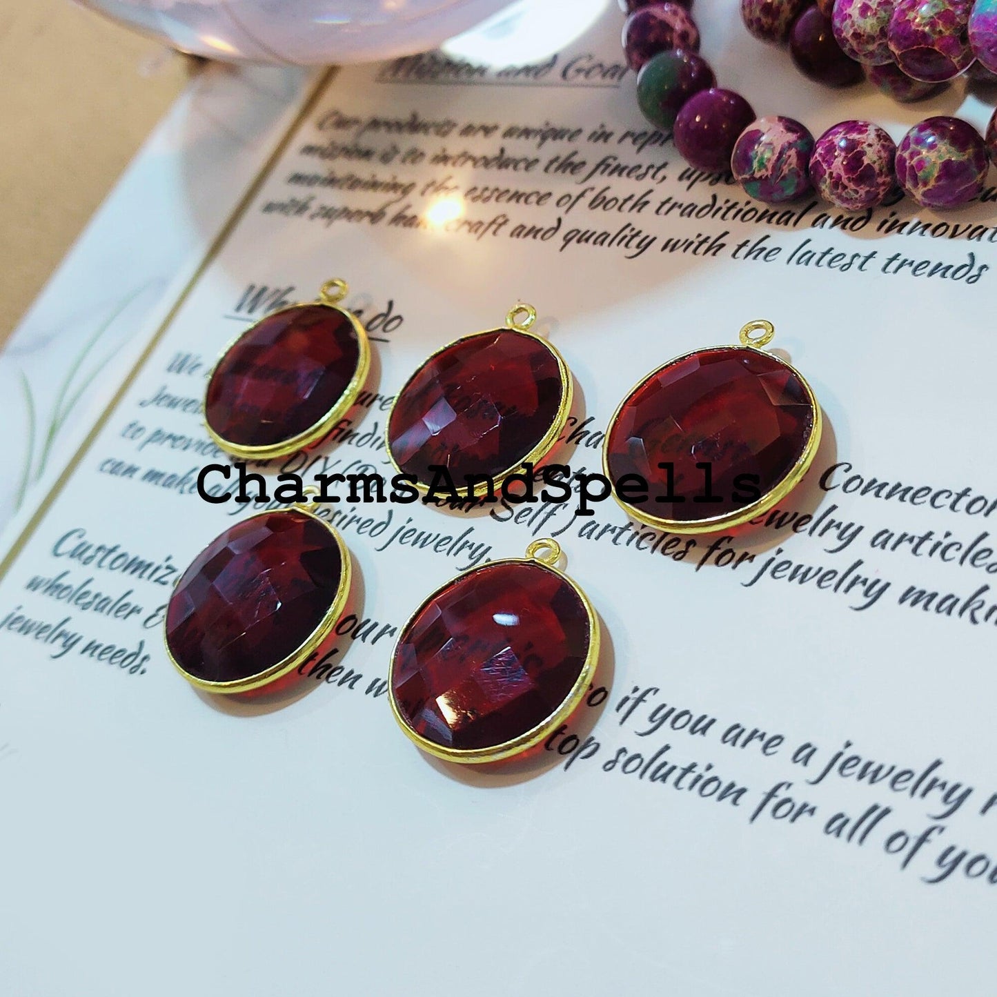 Garnet Connector Pendant, 20x23mm Gold Plated Pendant, Single Bail Connector, Gemstone Jewelry, Round Garnet Connector - Charms And Spells