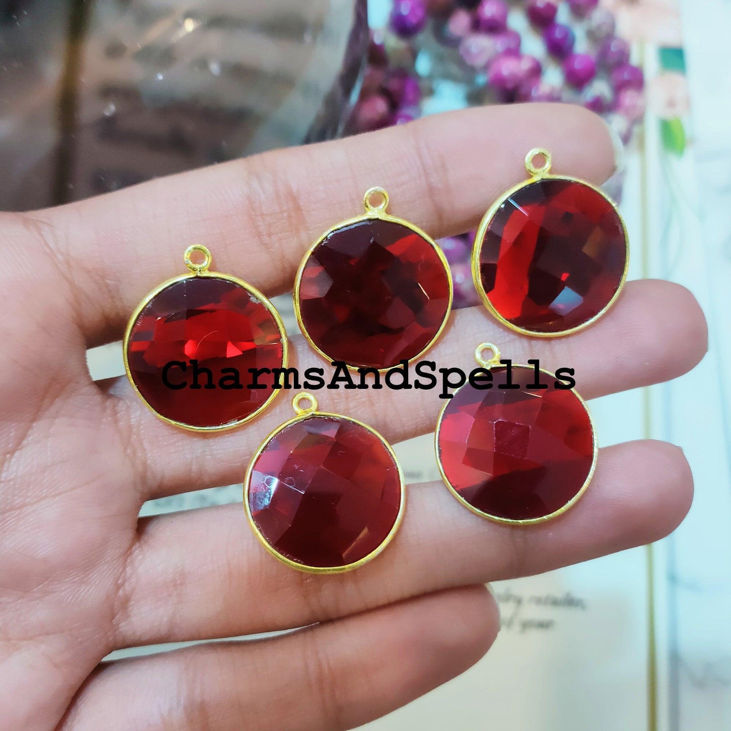 Garnet Connector Pendant, 20x23mm Gold Plated Pendant, Single Bail Connector, Gemstone Jewelry, Round Garnet Connector - Charms And Spells