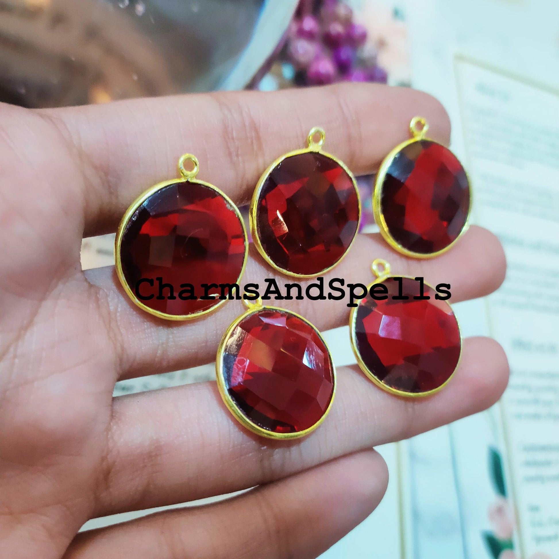 Garnet Connector Pendant, 20x23mm Gold Plated Pendant, Single Bail Connector, Gemstone Jewelry, Round Garnet Connector - Charms And Spells