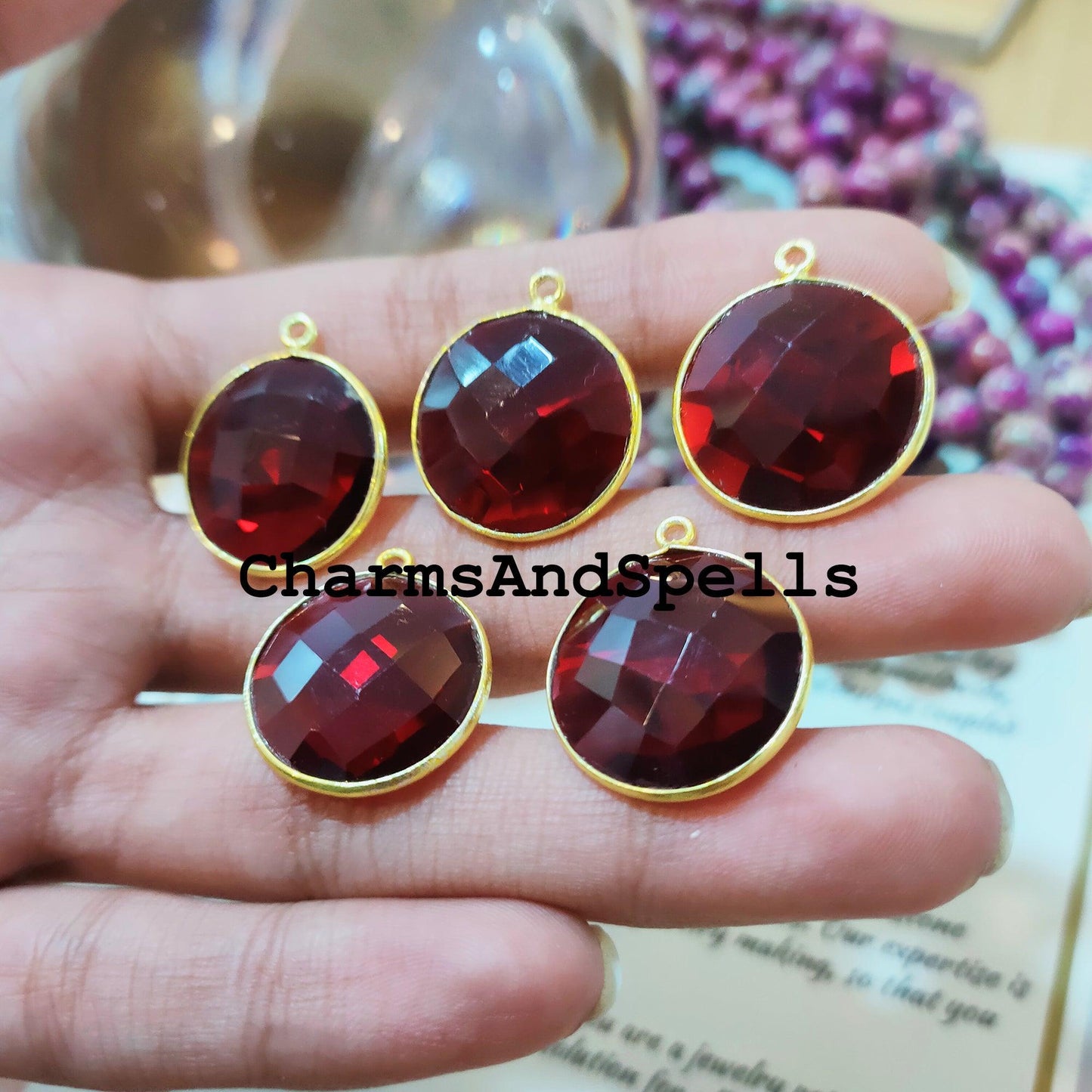 Garnet Connector Pendant, 20x23mm Gold Plated Pendant, Single Bail Connector, Gemstone Jewelry, Round Garnet Connector - Charms And Spells