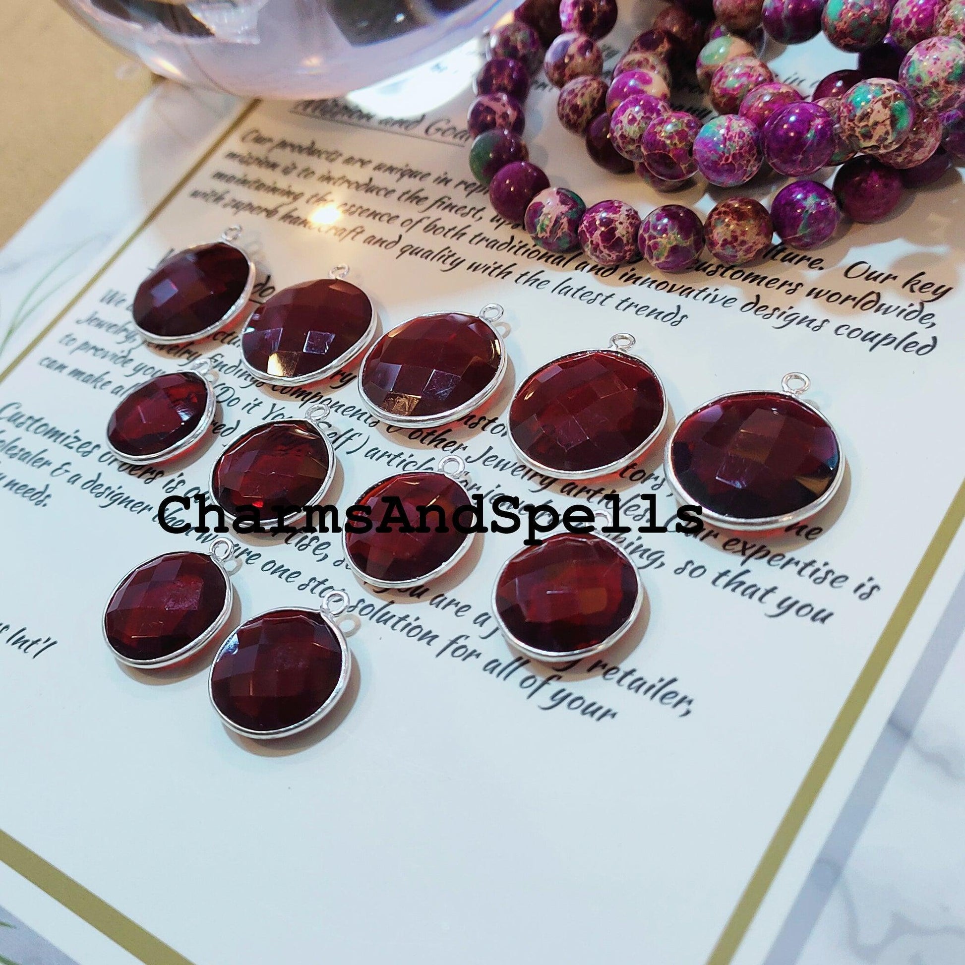 Garnet Pendant Connector, 16x19-20x23mm Silver Plated Pendant, Single Bail Charms, Garnet Gemstone Pendent Connector - Charms And Spells