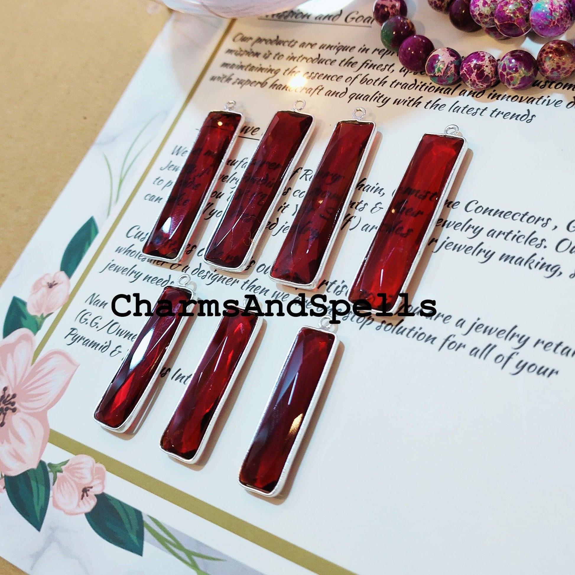 Garnet Bar Pendant, Bar Jewelry Making Charm, 9x35-12x45mm Silver Plated Pendant, Birthstone Charms, DIY Pendant Connector - Charms And Spells