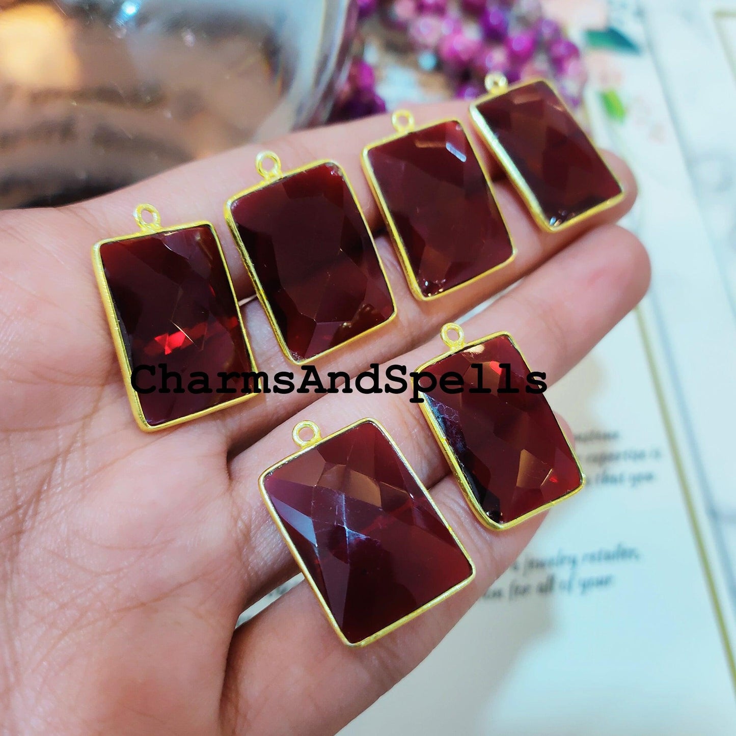 17x26mm Garnet Pendant Connector, Gold Plated Pendant, Single Loop Boho Connector, DIY Pendant/Earring Connector, Gemstone Connector - Charms And Spells