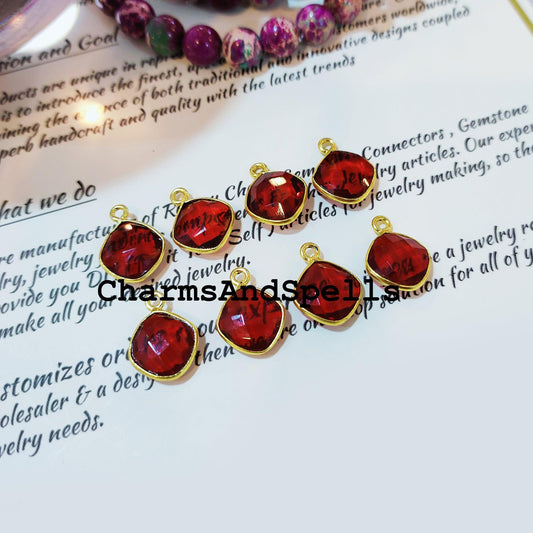 Garnet Cushion Bezel Pendant, 12x16mm Gold Plated Pendant, Red Stone Jewelry, DIY Pendant/Earring Connector, Jewelry making Charms - Charms And Spells