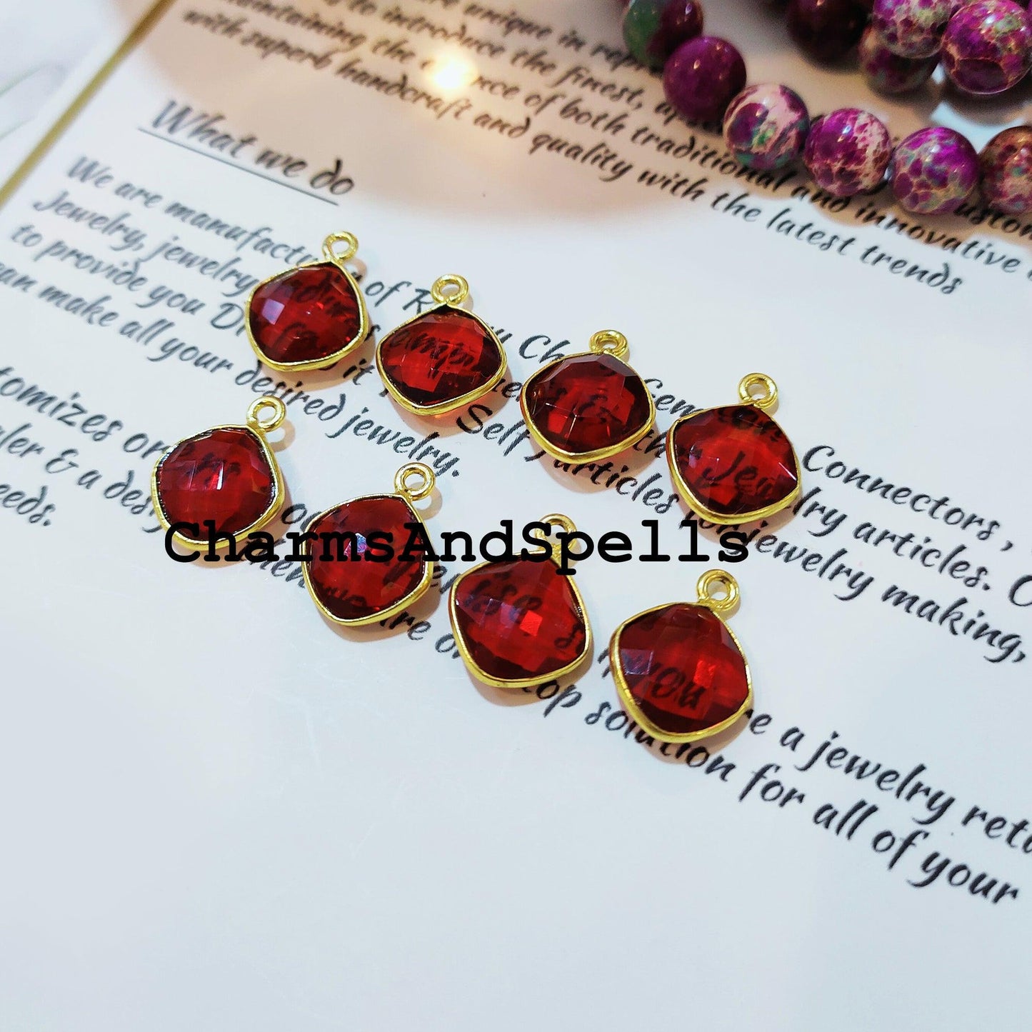 Garnet Cushion Bezel Pendant, 12x16mm Gold Plated Pendant, Red Stone Jewelry, DIY Pendant/Earring Connector, Jewelry making Charms - Charms And Spells