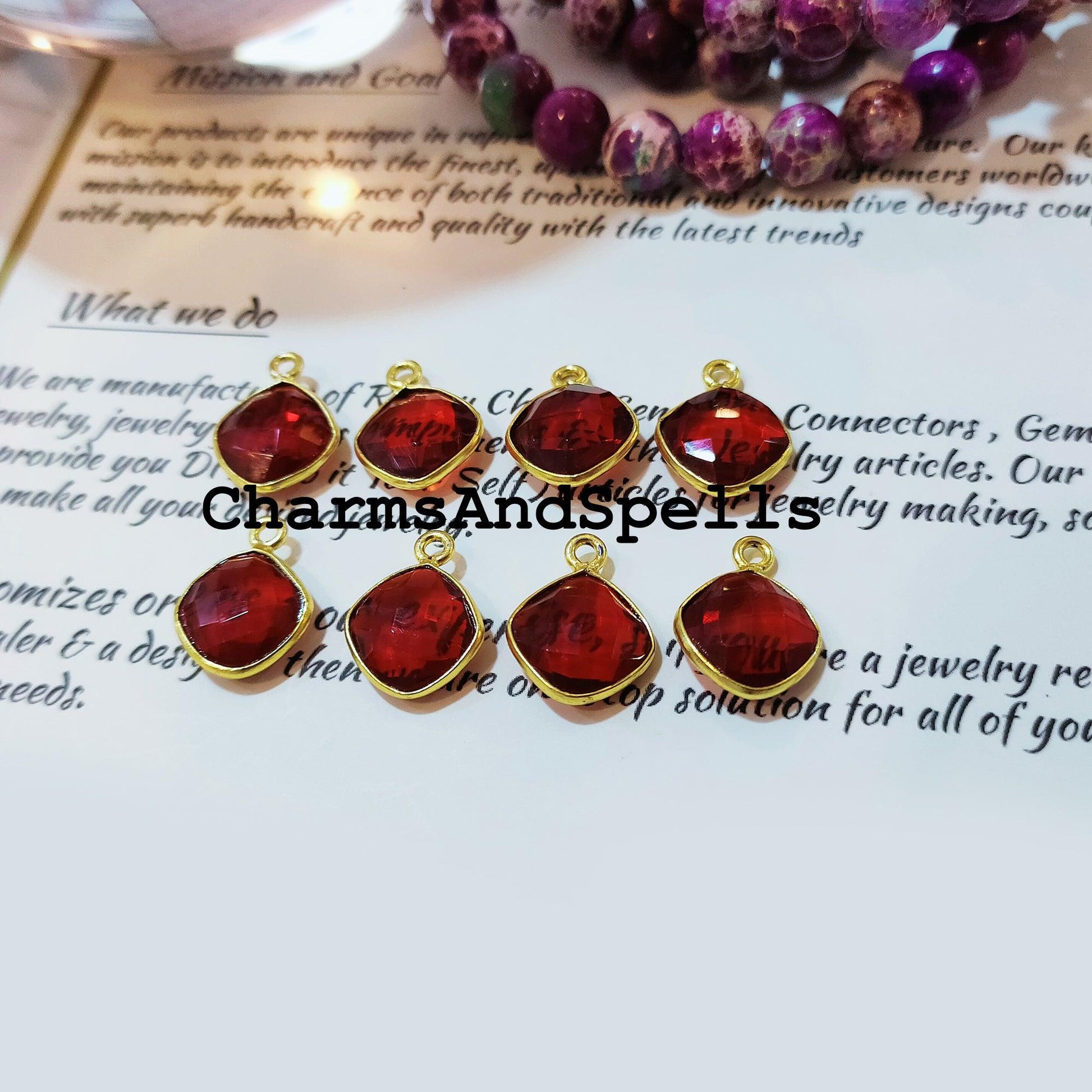 Garnet Cushion Bezel Pendant, 12x16mm Gold Plated Pendant, Red Stone Jewelry, DIY Pendant/Earring Connector, Jewelry making Charms - Charms And Spells