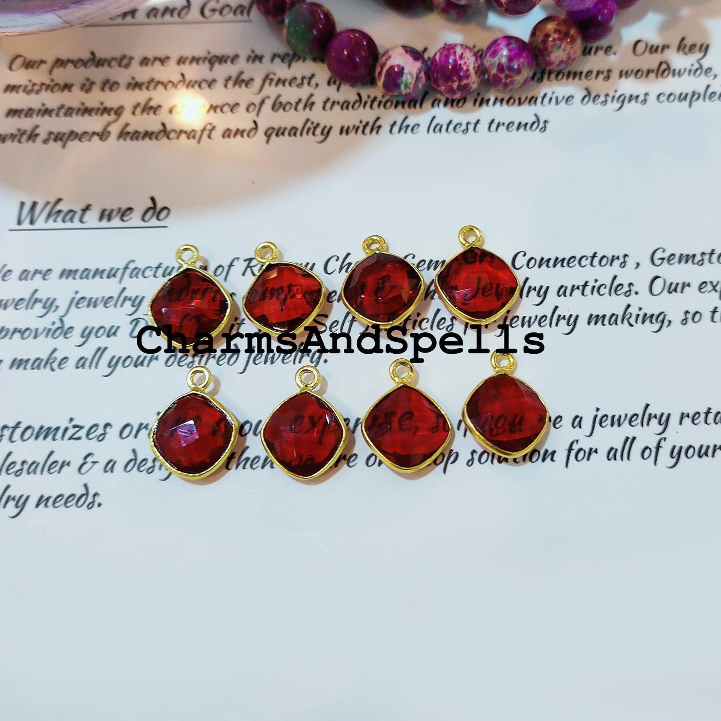 Garnet Cushion Bezel Pendant, 12x16mm Gold Plated Pendant, Red Stone Jewelry, DIY Pendant/Earring Connector, Jewelry making Charms - Charms And Spells