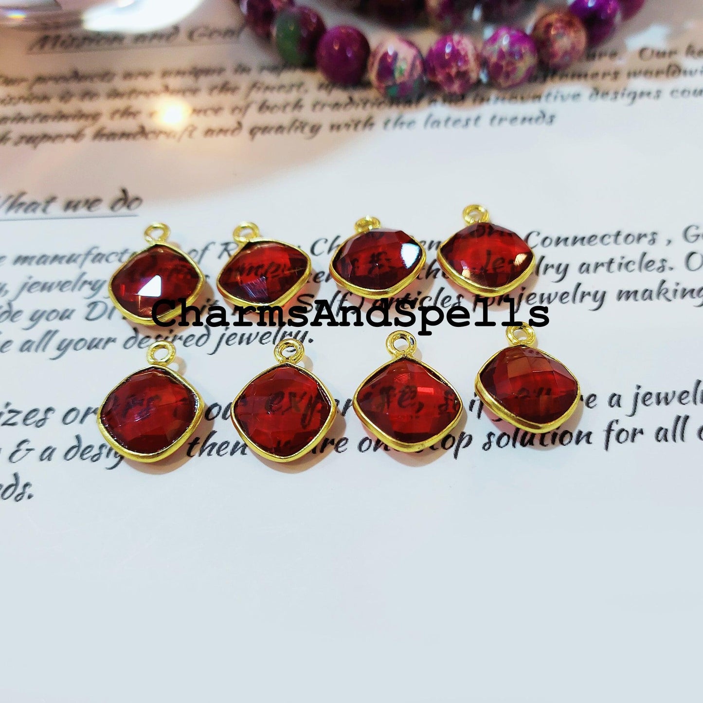 Garnet Cushion Bezel Pendant, 12x16mm Gold Plated Pendant, Red Stone Jewelry, DIY Pendant/Earring Connector, Jewelry making Charms - Charms And Spells