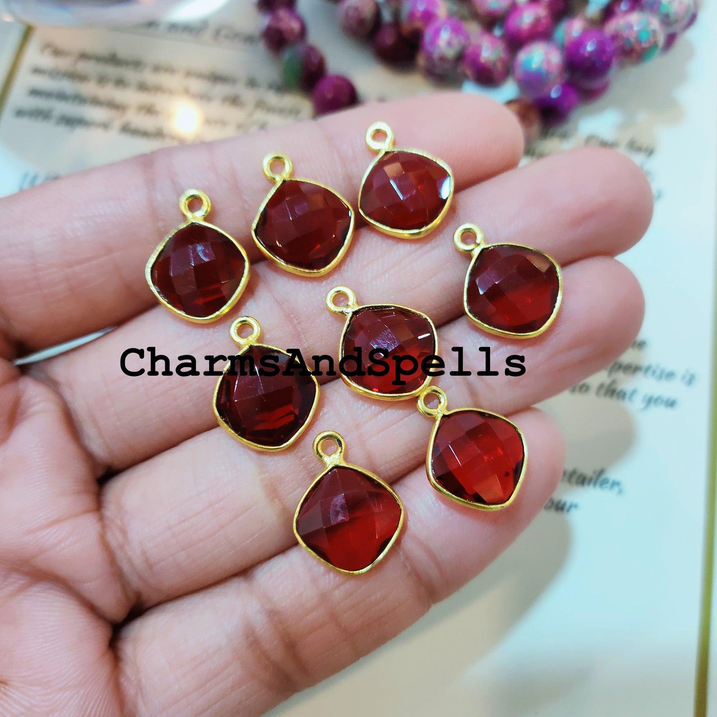 Garnet Cushion Bezel Pendant, 12x16mm Gold Plated Pendant, Red Stone Jewelry, DIY Pendant/Earring Connector, Jewelry making Charms - Charms And Spells