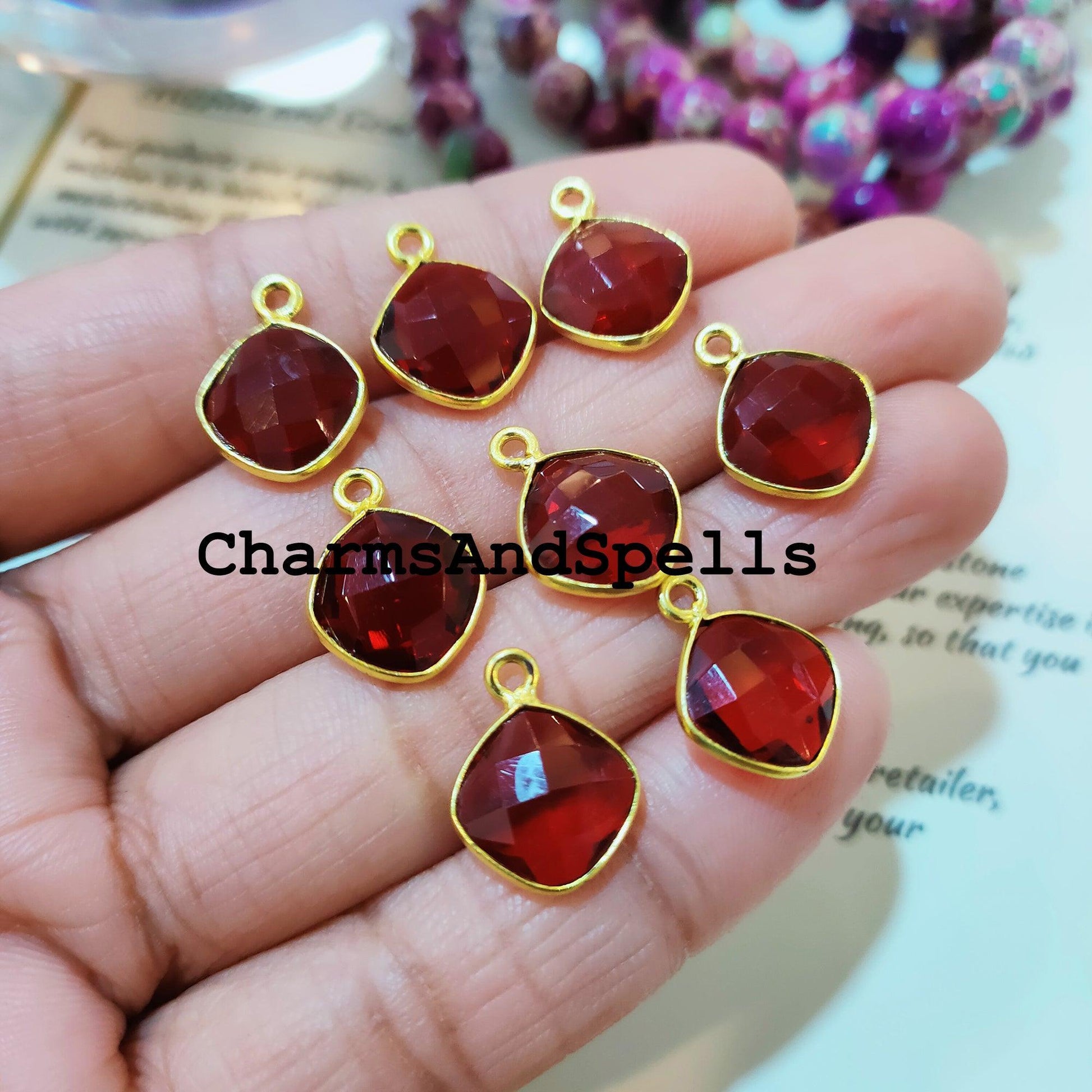 Garnet Cushion Bezel Pendant, 12x16mm Gold Plated Pendant, Red Stone Jewelry, DIY Pendant/Earring Connector, Jewelry making Charms - Charms And Spells