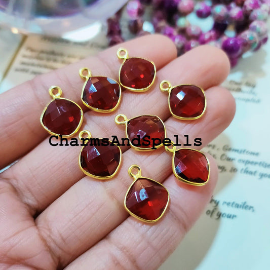 Garnet Cushion Bezel Pendant, 12x16mm Gold Plated Pendant, Red Stone Jewelry, DIY Pendant/Earring Connector, Jewelry making Charms - Charms And Spells