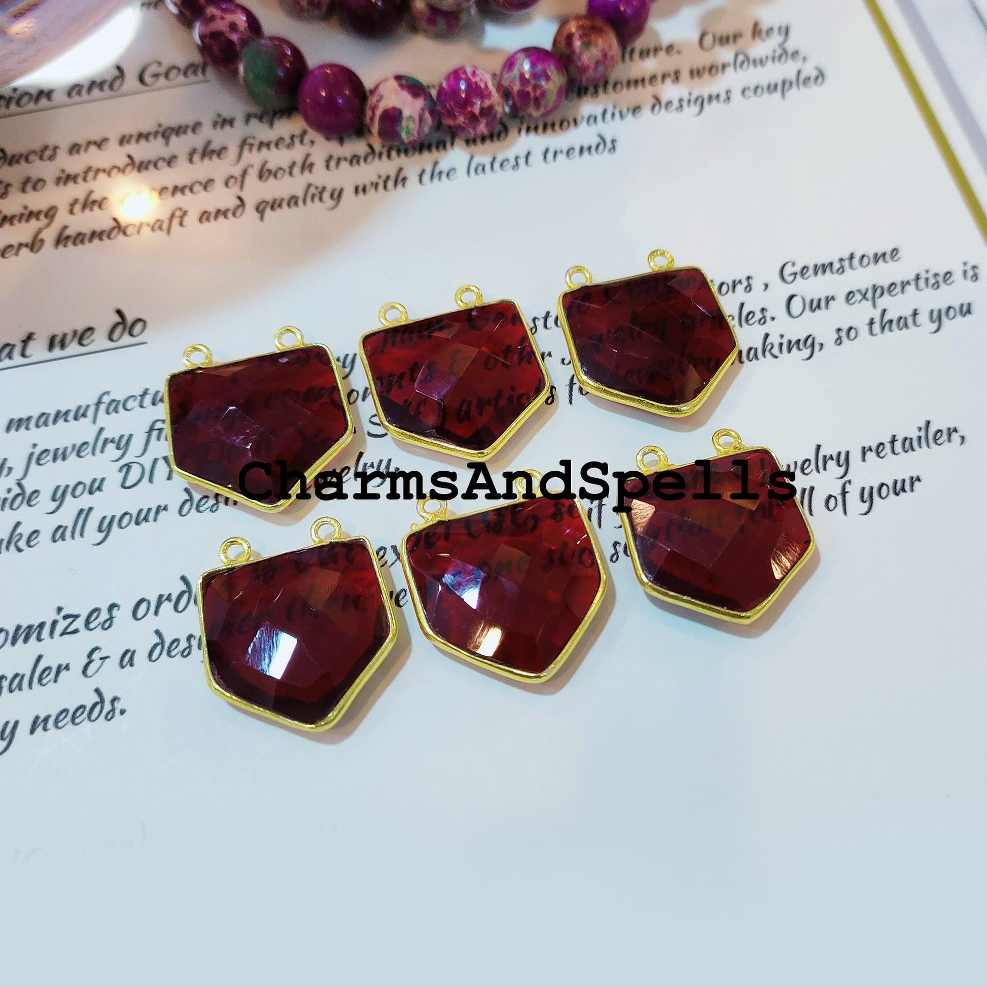 Garnet Connector, Pentagon Bezel Pendant, 18x22mm Gold Plated Pendant, Double Bail, Garnet Birthstone Connector - Charms And Spells