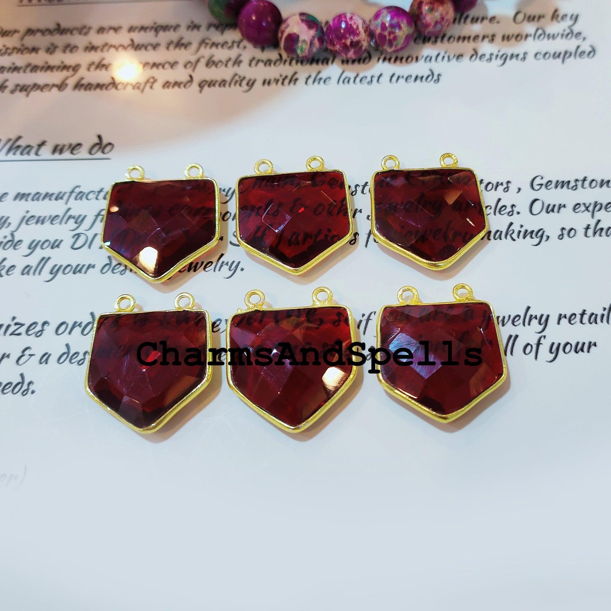 Garnet Connector, Pentagon Bezel Pendant, 18x22mm Gold Plated Pendant, Double Bail, Garnet Birthstone Connector - Charms And Spells