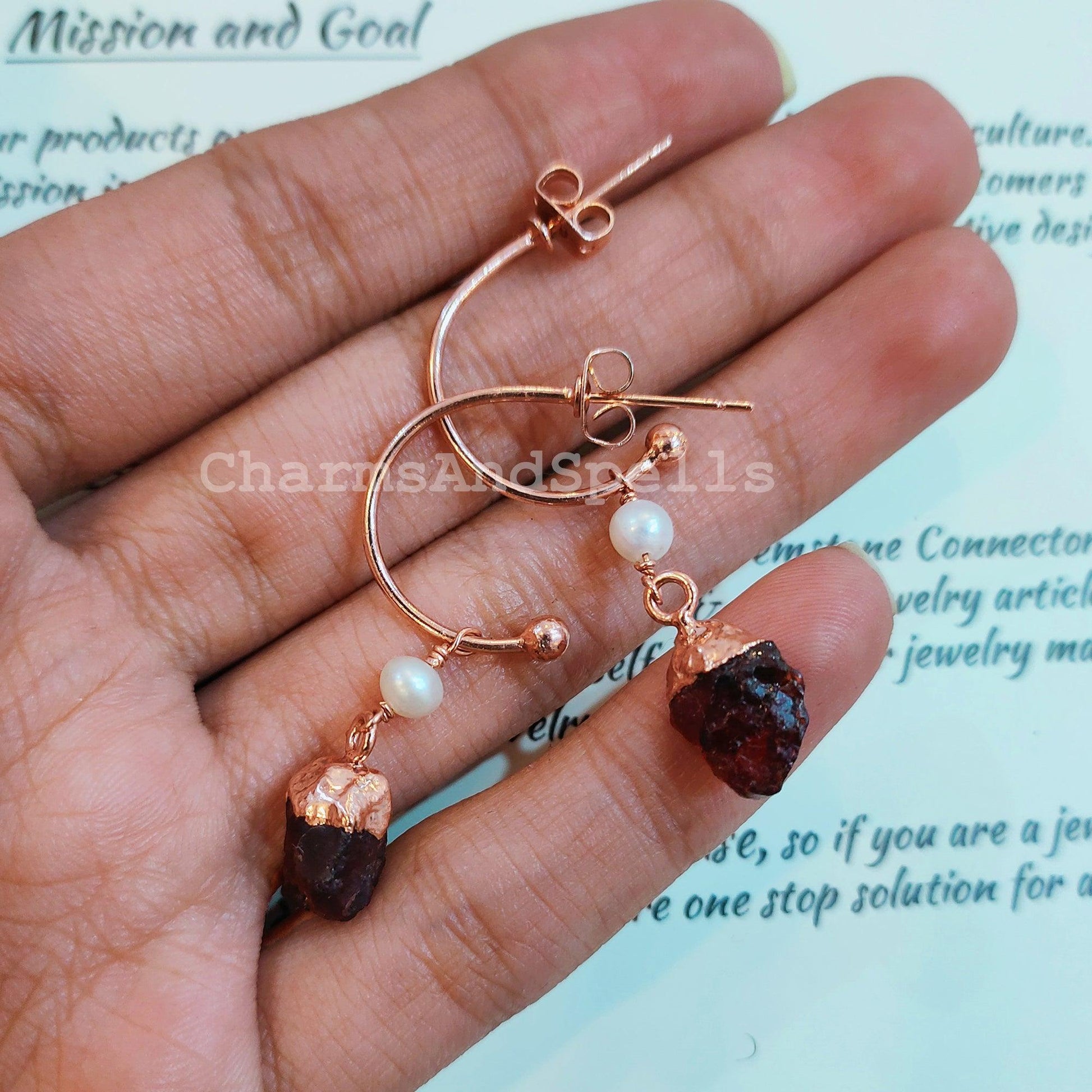 Rough Natural Garnet Earrings, Electroplated Earrings, January Birthstone Earrings, Copper Earrings, Raw Gemstone Earrings - Charms And Spells