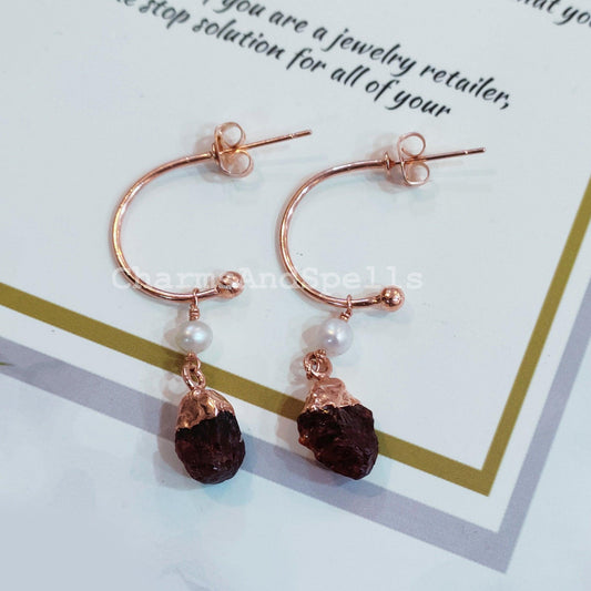 Rough Natural Garnet Earrings, Electroplated Earrings, January Birthstone Earrings, Copper Earrings, Raw Gemstone Earrings - Charms And Spells