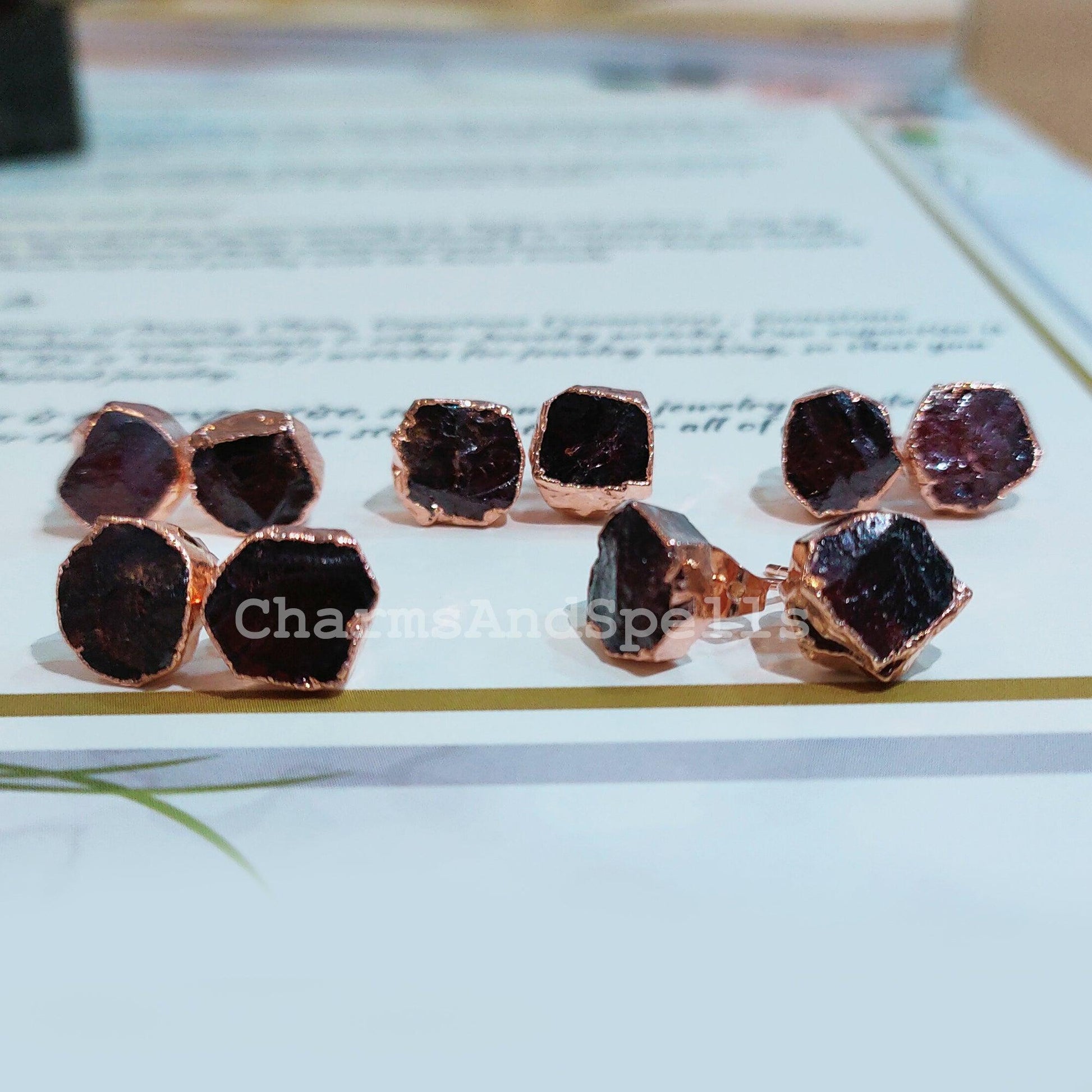 Raw Garnet Electroplated Stud Earrings, Copper Jewelry, Rough Stone Jewelry, Gemstone Earrings, Stud Earrings - Charms And Spells