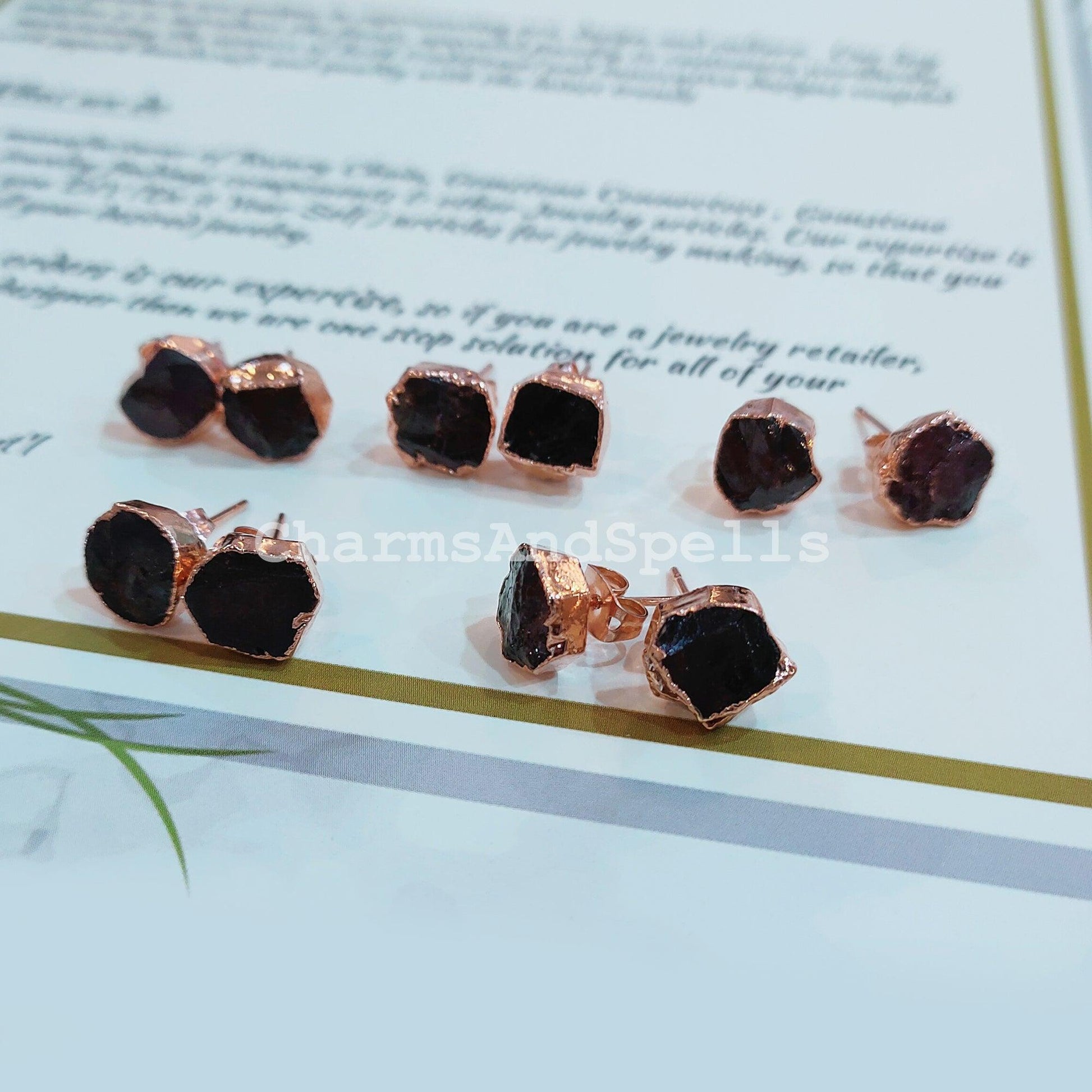 Raw Garnet Electroplated Stud Earrings, Copper Jewelry, Rough Stone Jewelry, Gemstone Earrings, Stud Earrings - Charms And Spells