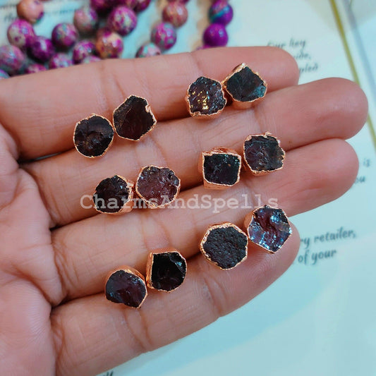 Raw Garnet Electroplated Stud Earrings, Copper Jewelry, Rough Stone Jewelry, Gemstone Earrings, Stud Earrings - Charms And Spells