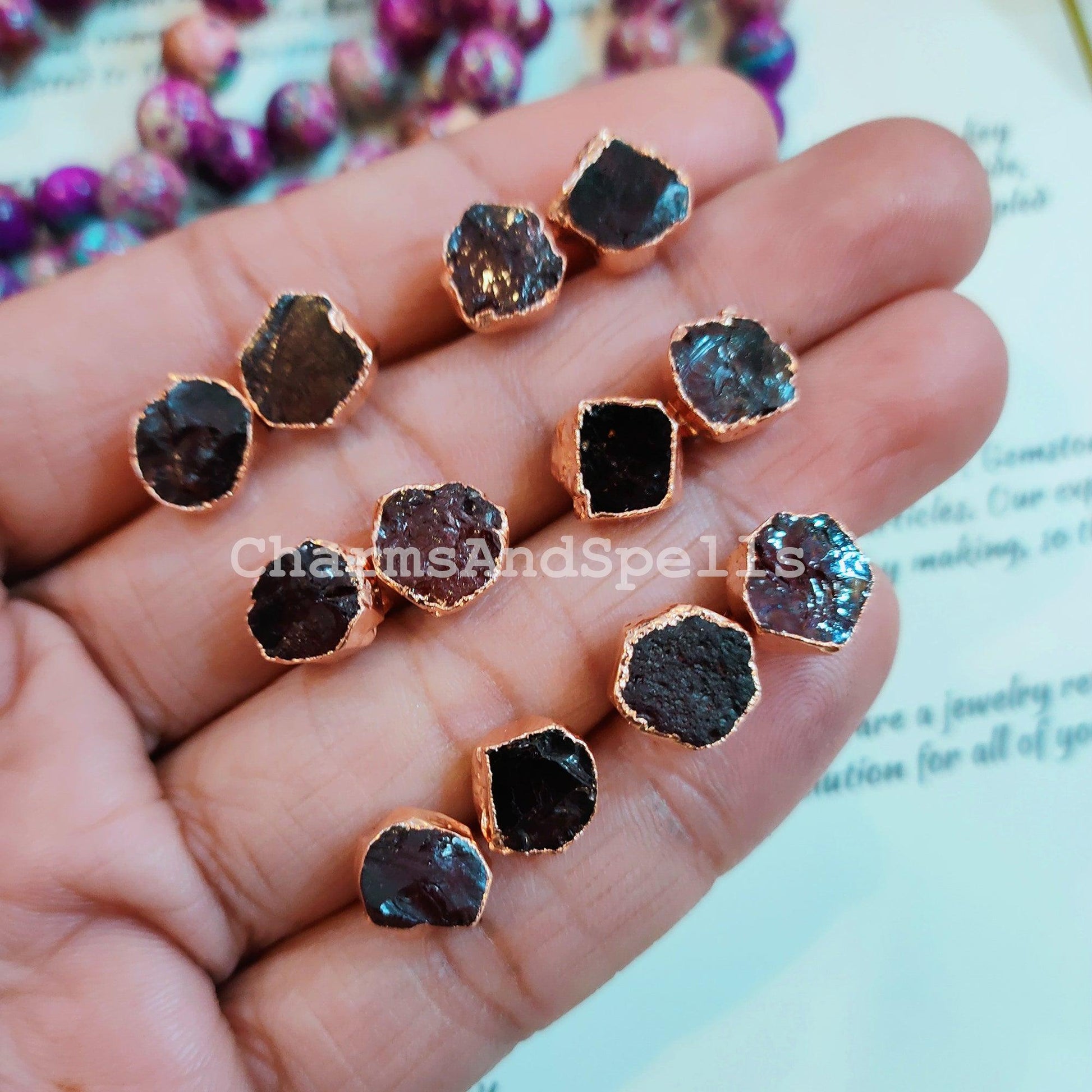 Raw Garnet Electroplated Stud Earrings, Copper Jewelry, Rough Stone Jewelry, Gemstone Earrings, Stud Earrings - Charms And Spells