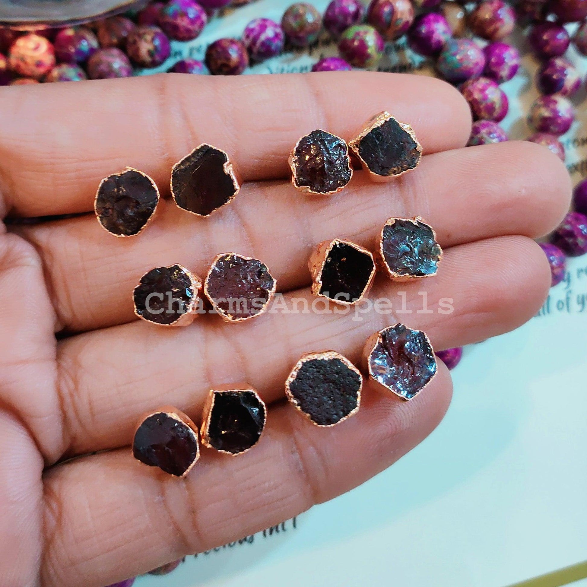 Raw Garnet Electroplated Stud Earrings, Copper Jewelry, Rough Stone Jewelry, Gemstone Earrings, Stud Earrings - Charms And Spells