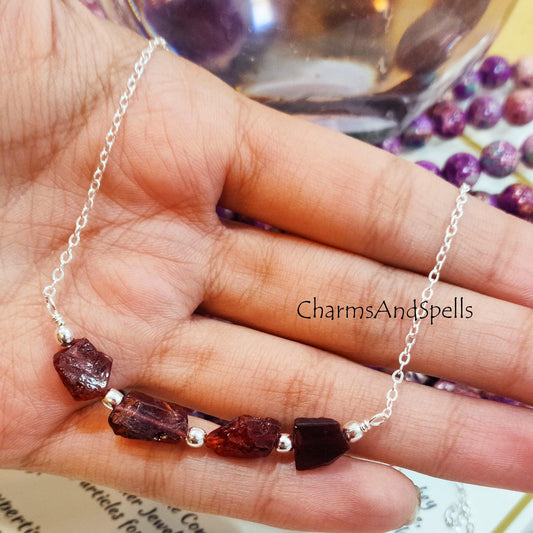 Natural Raw Garnet Necklace, Rough Gemstone Crystal, Healing Stone, January Birthstone, Layering, Girlfriend - Charms And Spells