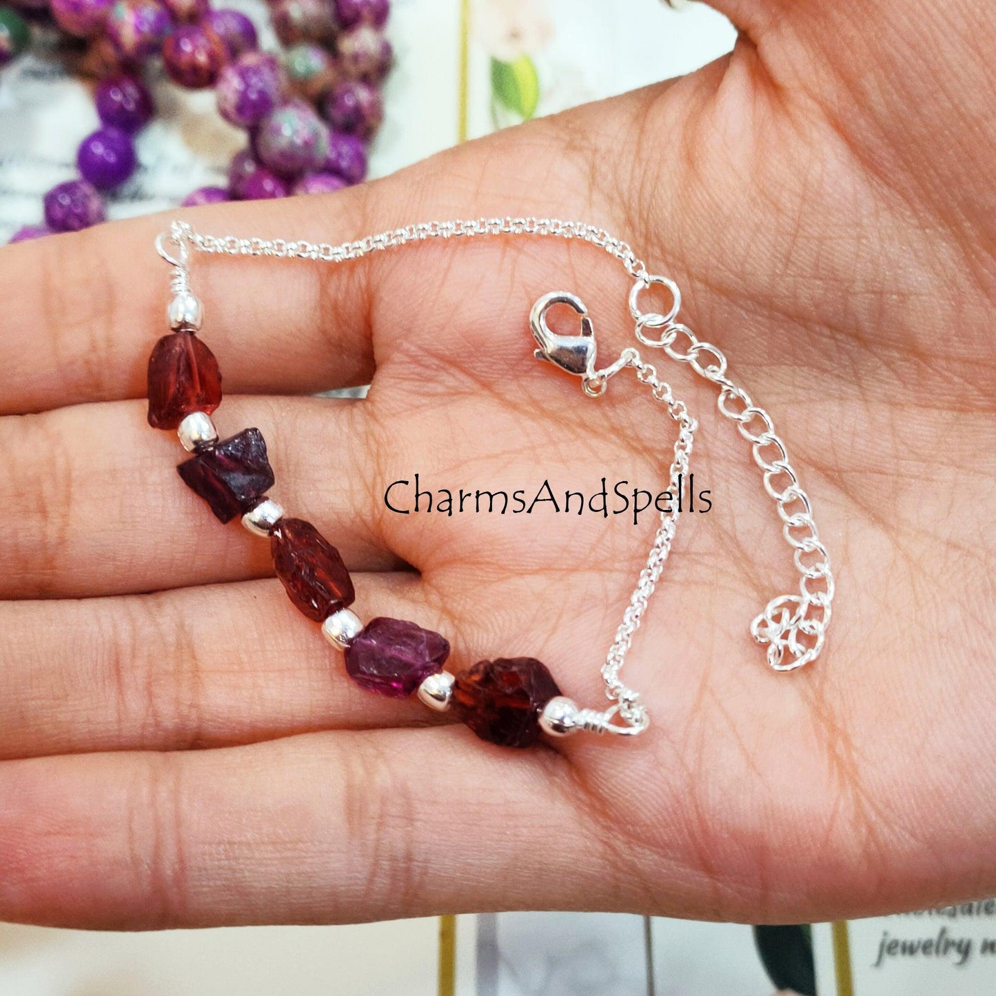 Garnet bracelet, January Birthstone bracelet, Birthstone gift, Raw garnet bracelet, healing crystals bracelet - Charms And Spells