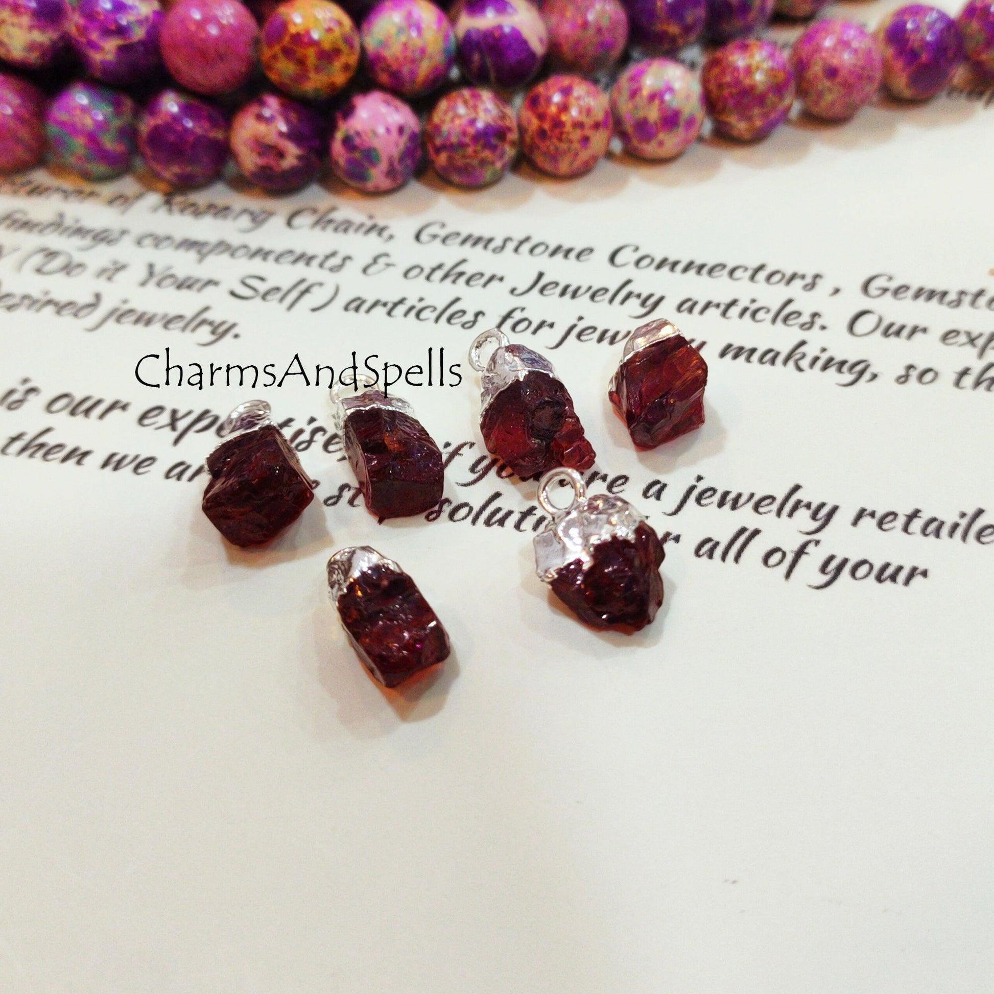 Red Garnet Pendant Connectors, Gemstone Rough Connectors, Silver Electroplated Single Bail Connectors, DIY Natural Raw Garnet Making Jewelry - Charms And Spells