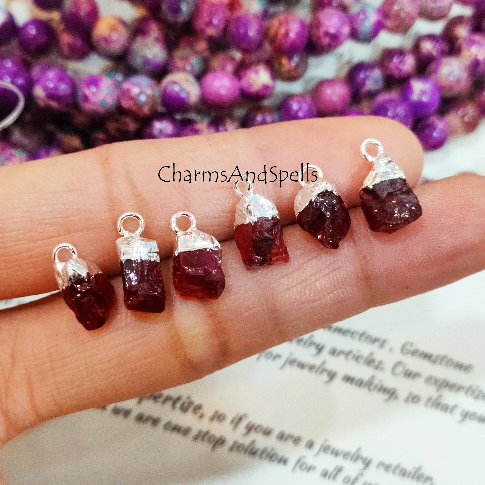 Red Garnet Pendant Connectors, Gemstone Rough Connectors, Silver Electroplated Single Bail Connectors, DIY Natural Raw Garnet Making Jewelry - Charms And Spells