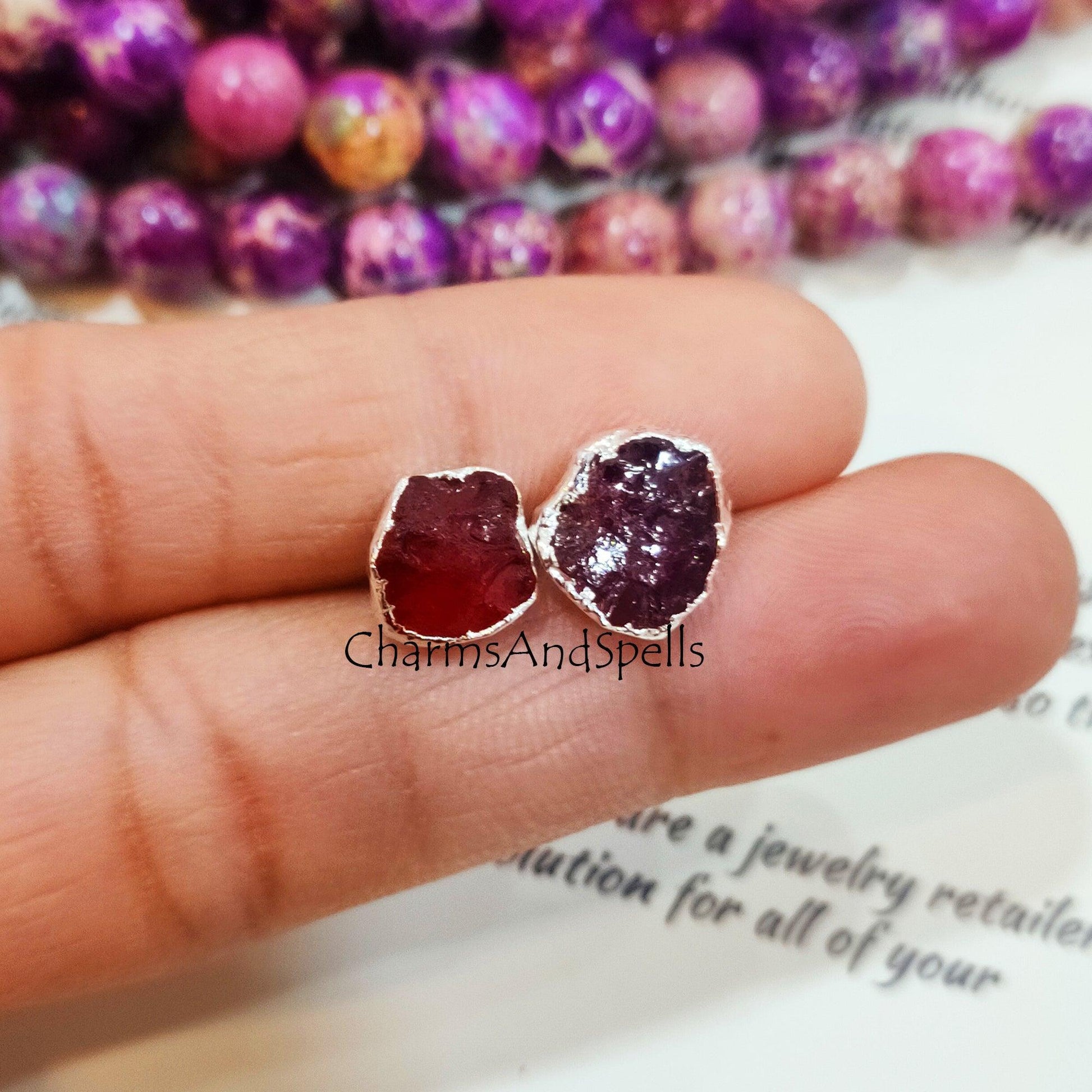 Raw Garnet Silver Electroplated Stud Earrings, January Birthstone Earrings Stud, Rough Stone, Raw Gemstone Earrings - Charms And Spells